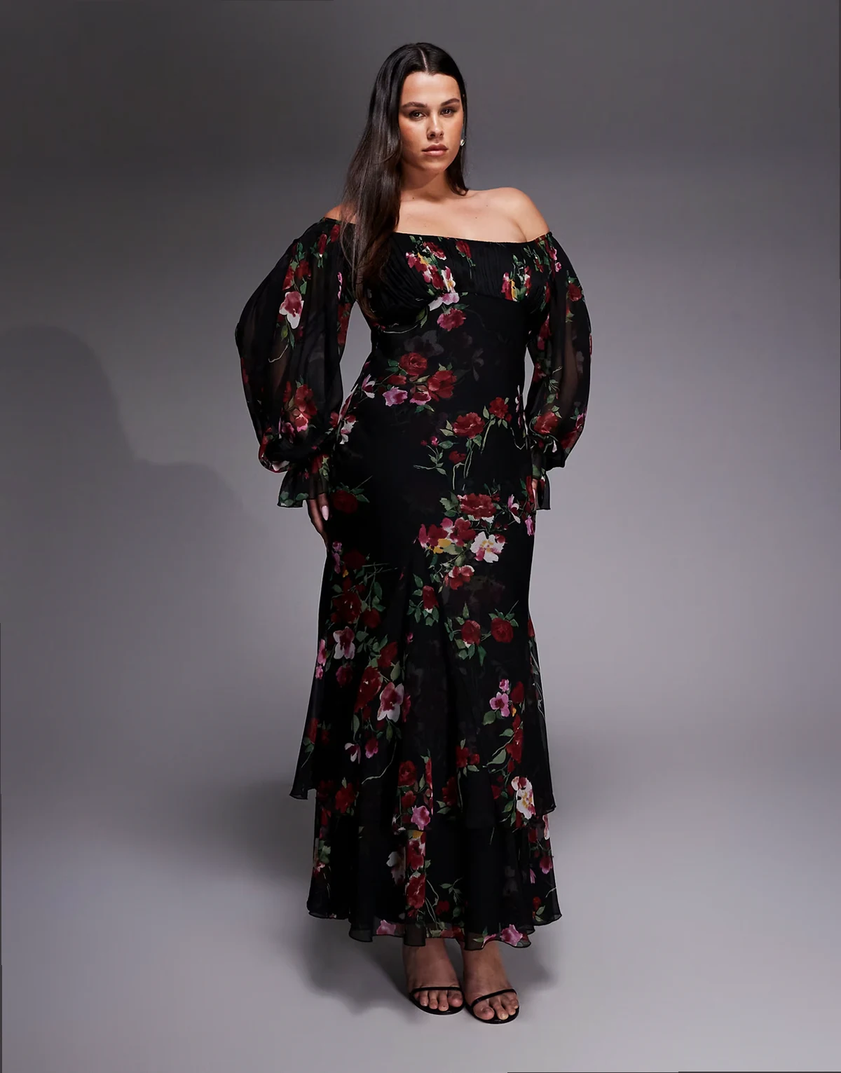 ASOS DESIGN Curve bardot ruffle maxi dress with tiered godets and blouson sleeves in floral print