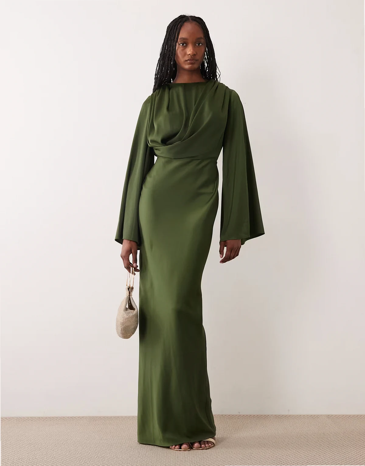 ASOS DESIGN Tall – Drapowana sukienka w kolorze khaki z rozszerzanymi rękawami