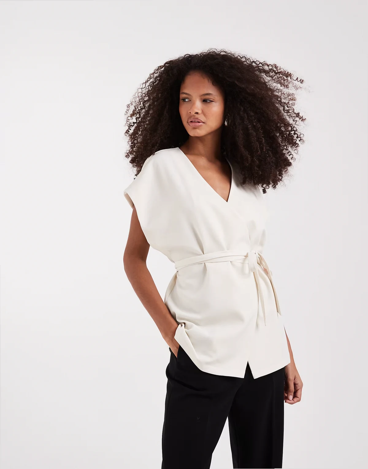 linen look wrap top in cream