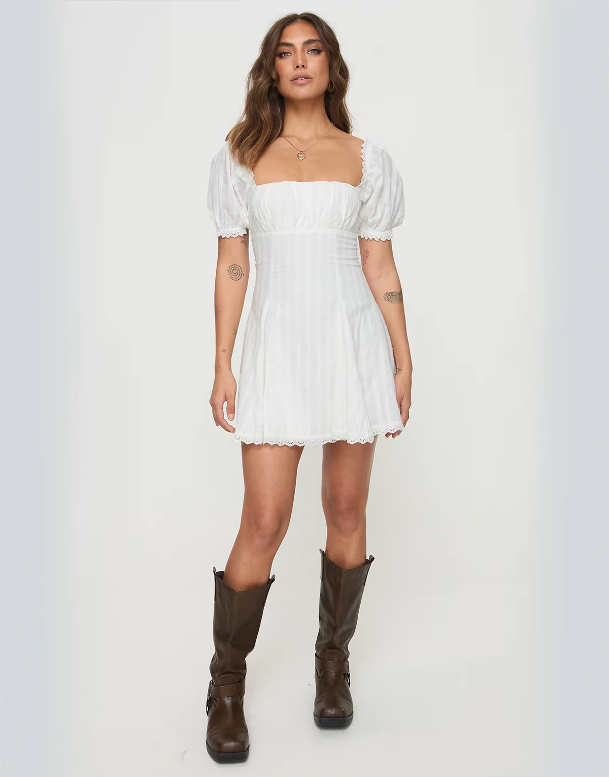 Rabatia puff sleeve lace trim fit & flare mini dress in white
