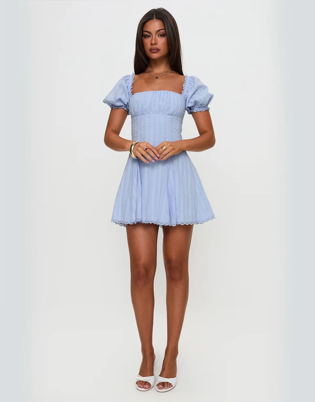 Rabatia puff sleeve lace trim fit & flare mini dress in light blue