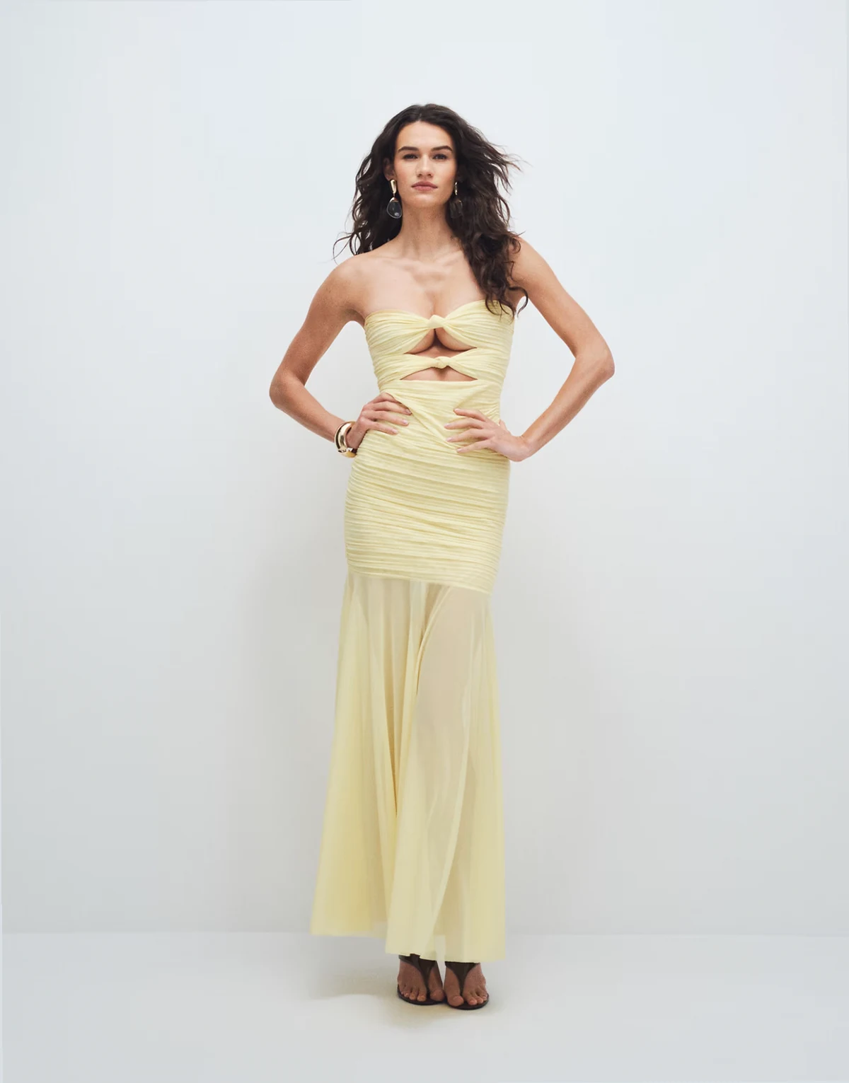 sculpted mesh strapless cut out knot detailing sheer hem maxi dress in lemon