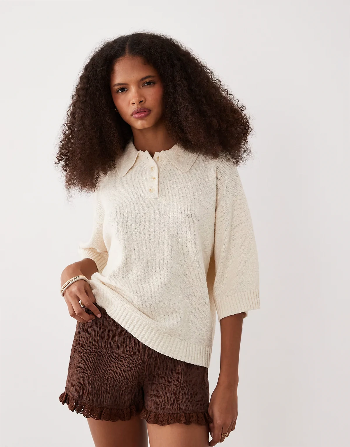 slub short sleeve polo top in cream