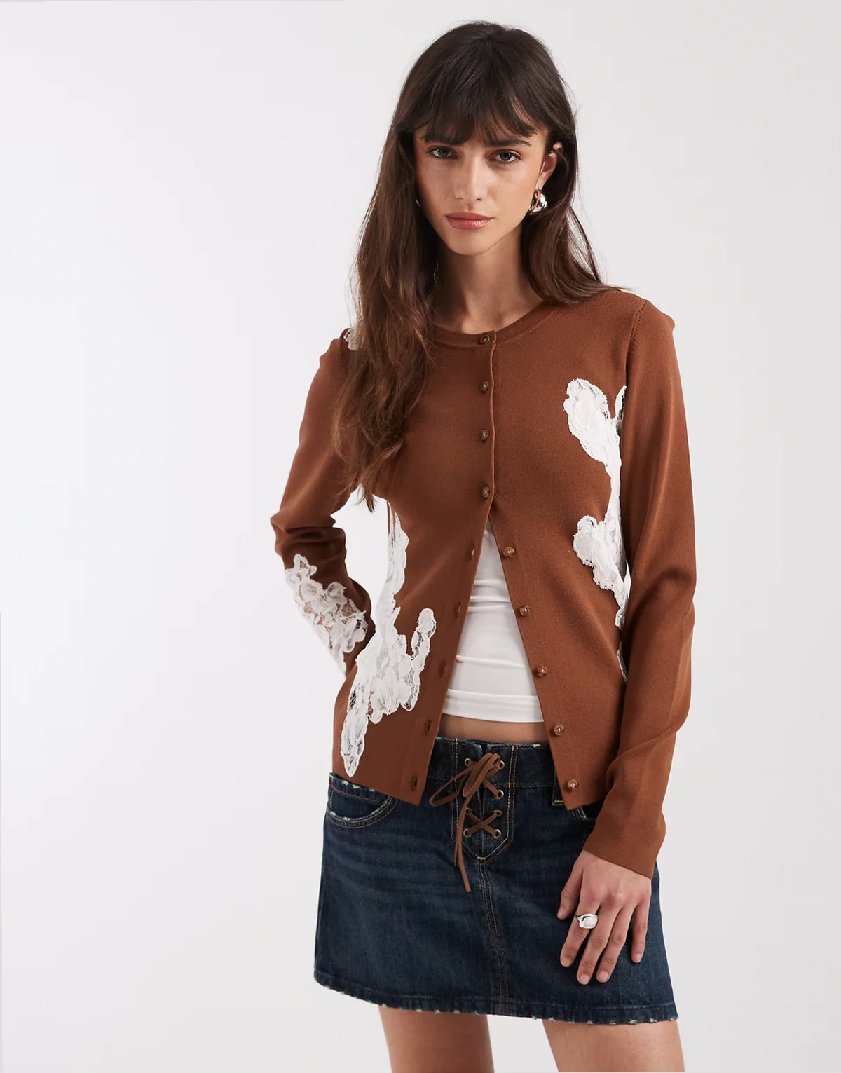 structured neat fit lace detail cardigan in auburn - part of a set