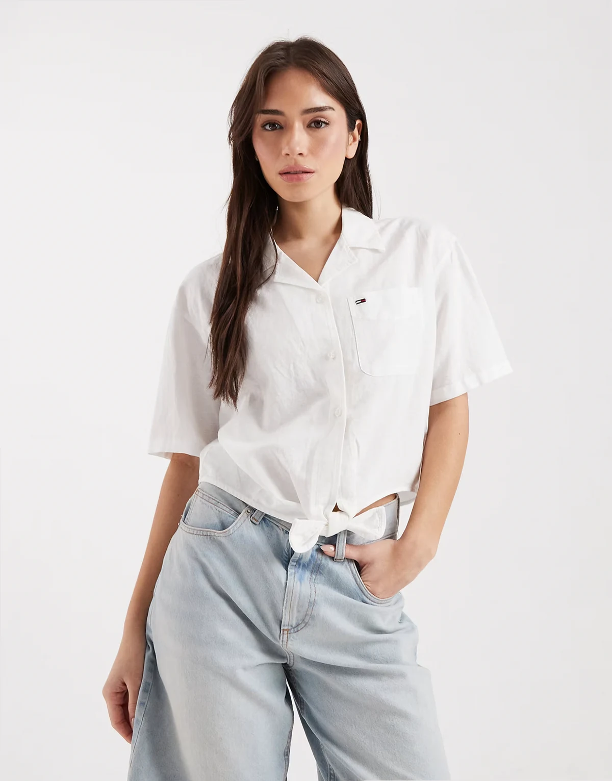 tie front linen blend shirt in off white