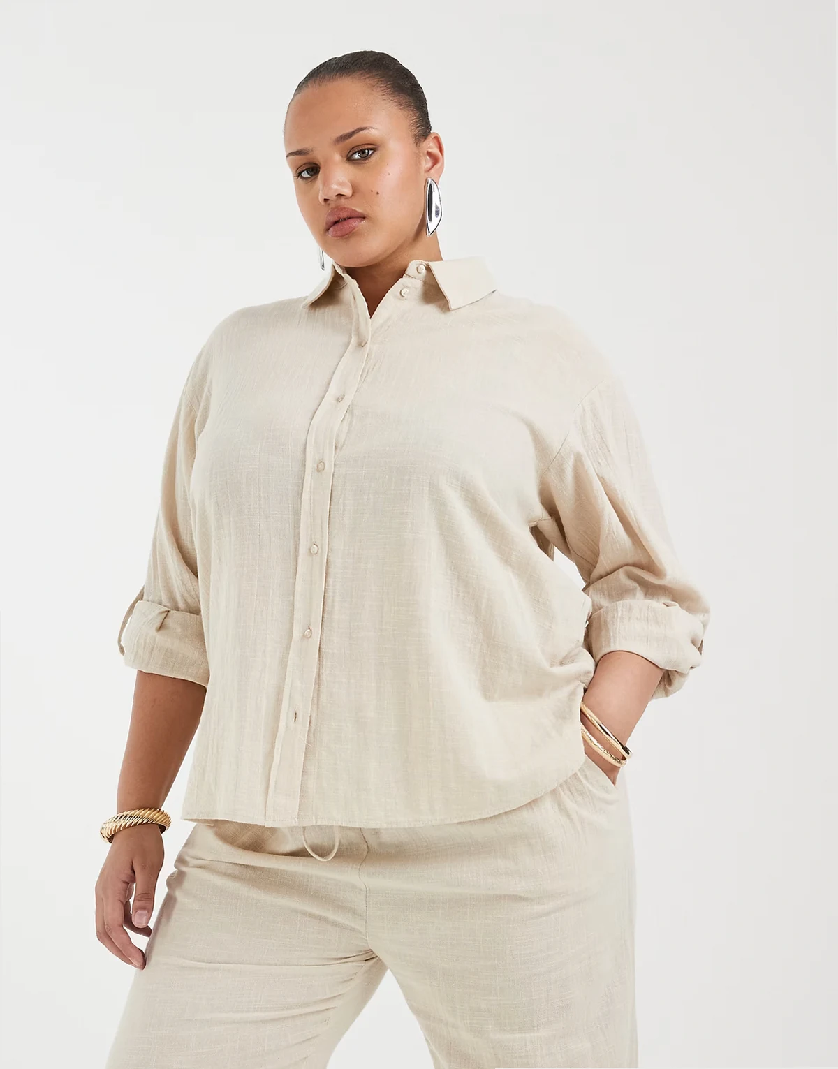 100% cotton long sleeve shirt in light beige - part of a set