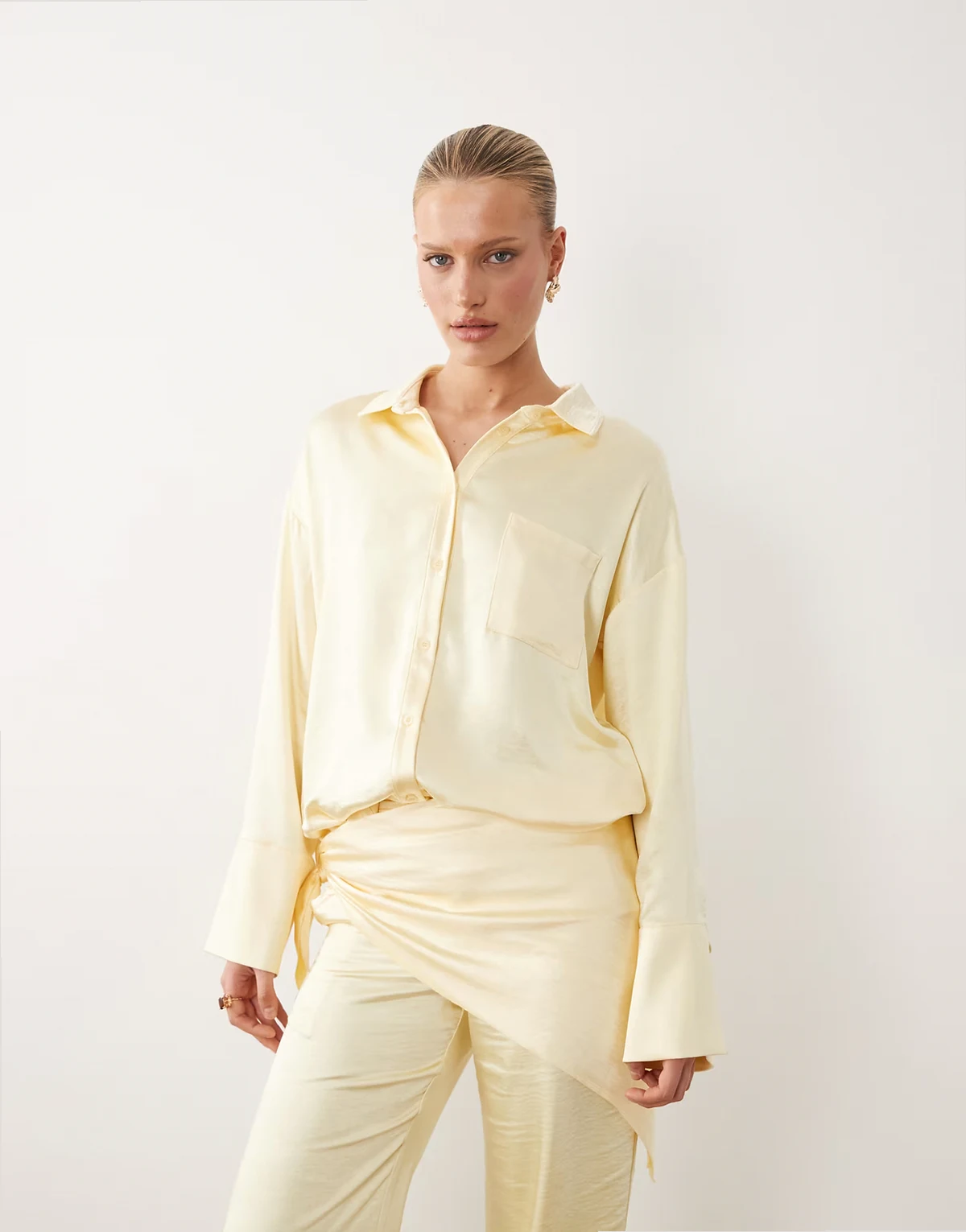 satin wide cuff pocket front shirt in lemon - part of a set