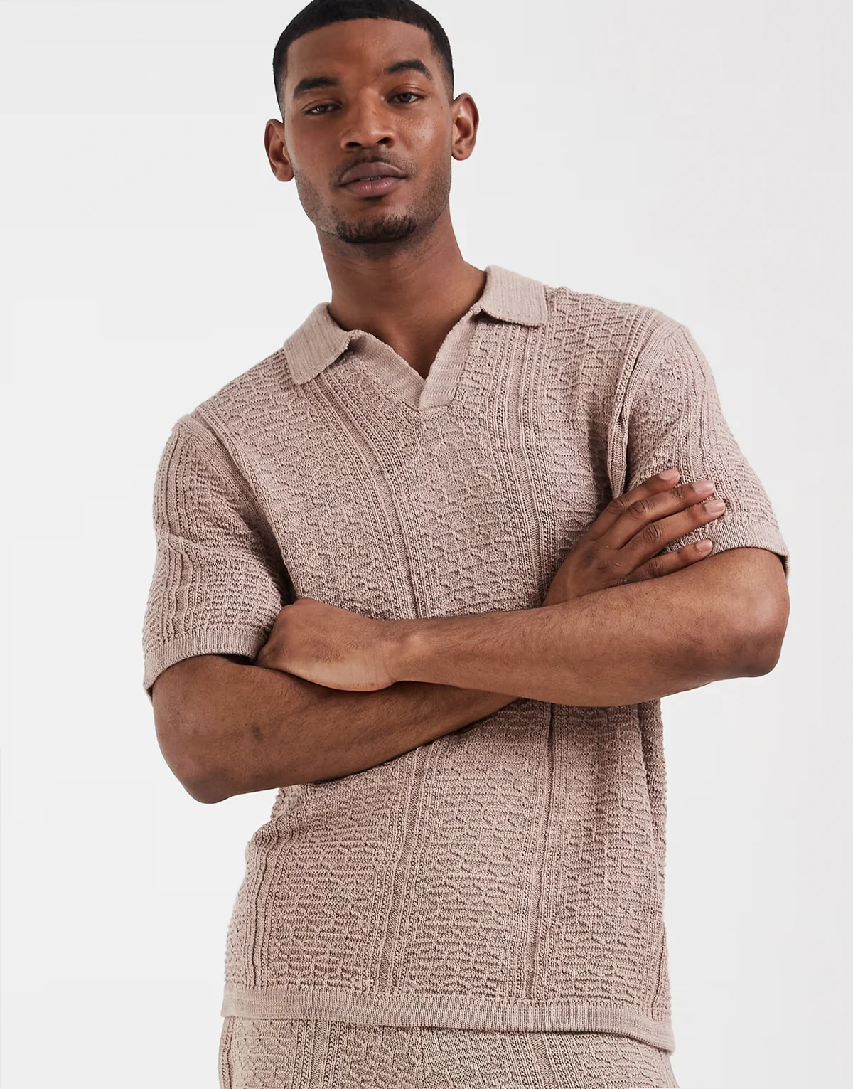 relaxed short sleeve textured knit notch neck polo shirt in beige - part of a set