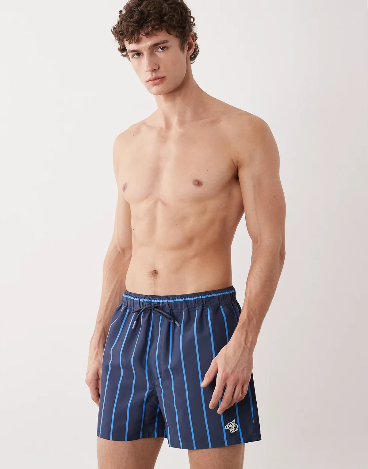 swim shorts in short length with blue stripe and embroidery in navy