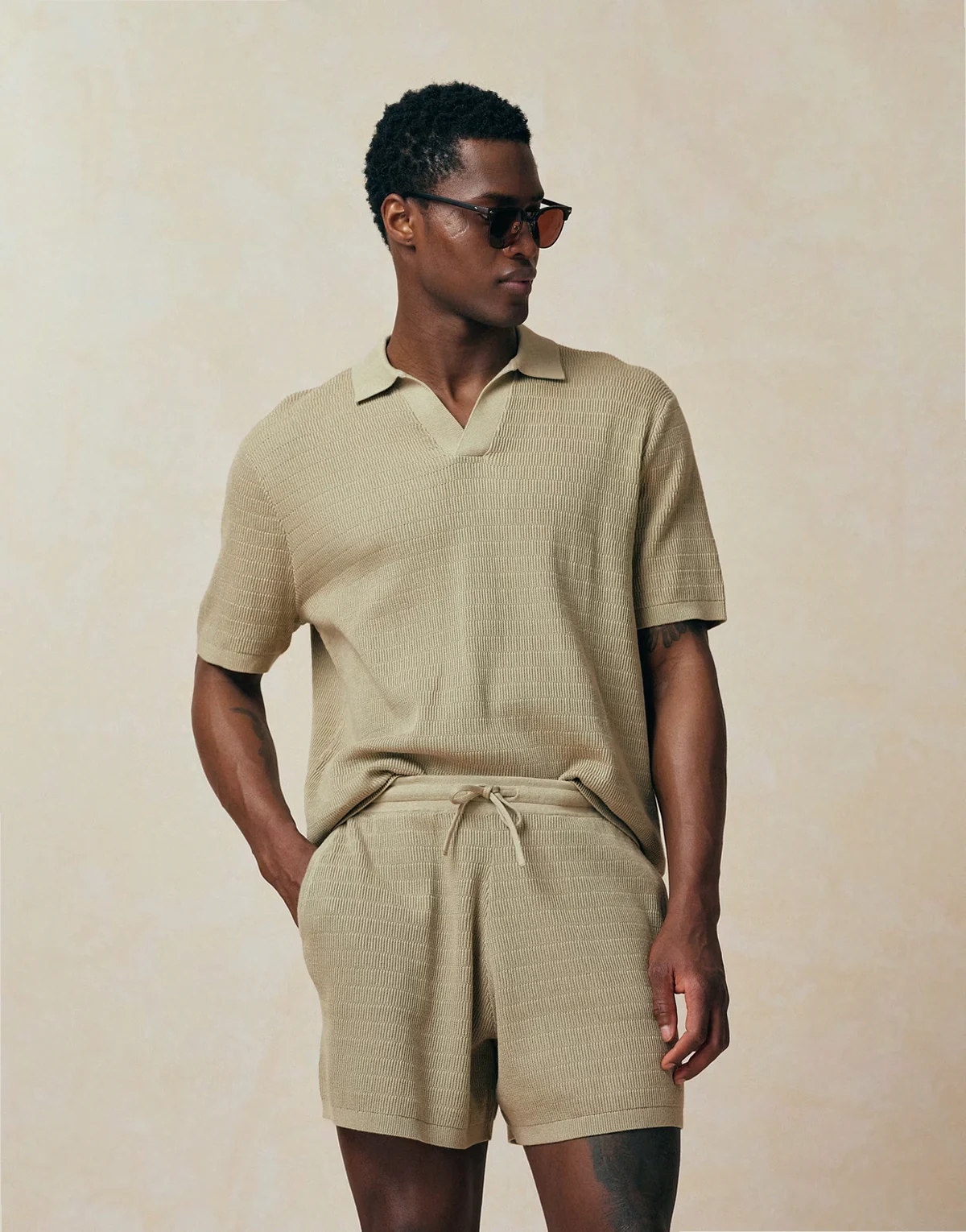 relaxed knit airtex notch neck polo shirt in stone - part of a set