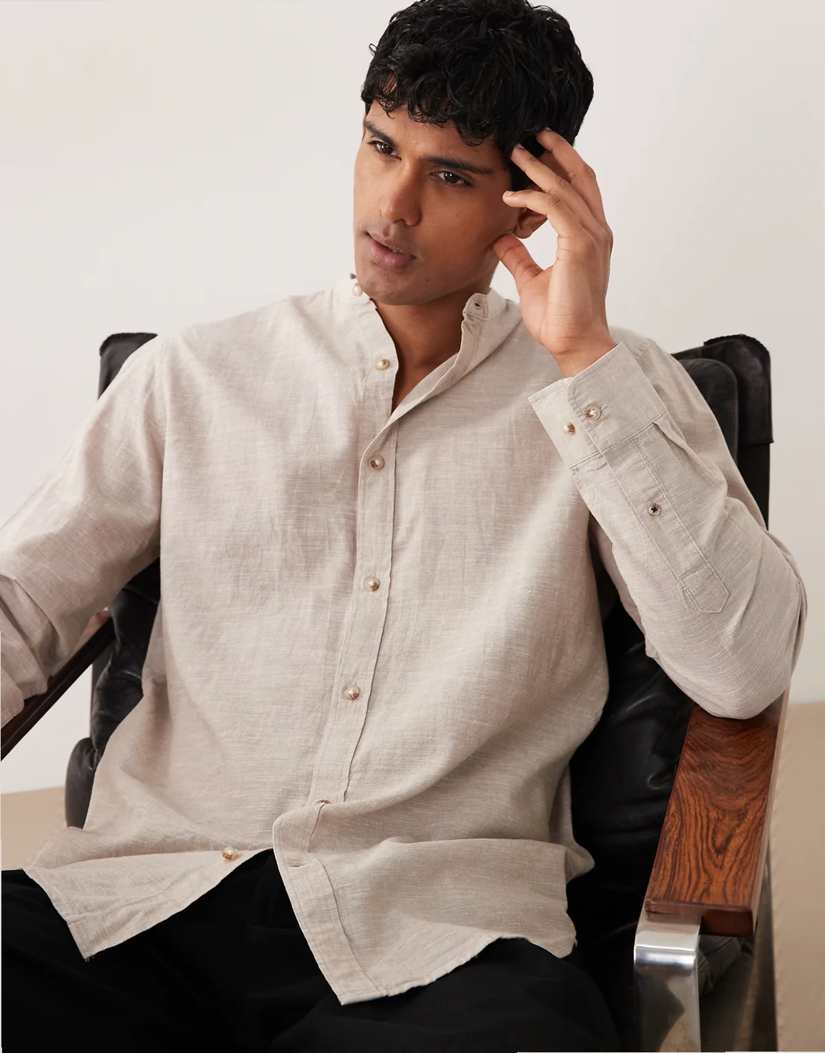 stand collar linen blend long sleeve shirt in beige