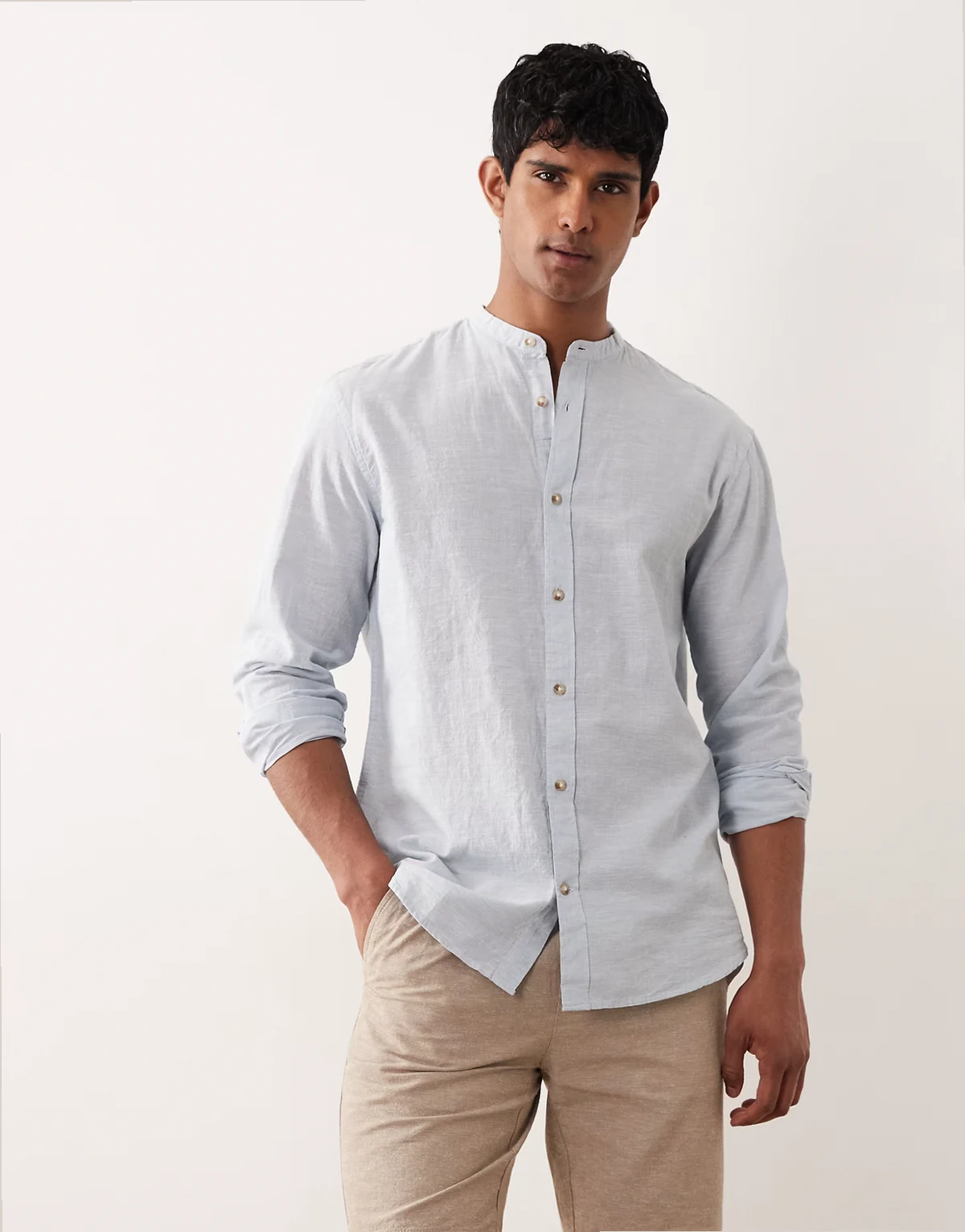 stand collar linen blend long sleeve shirt in light blue