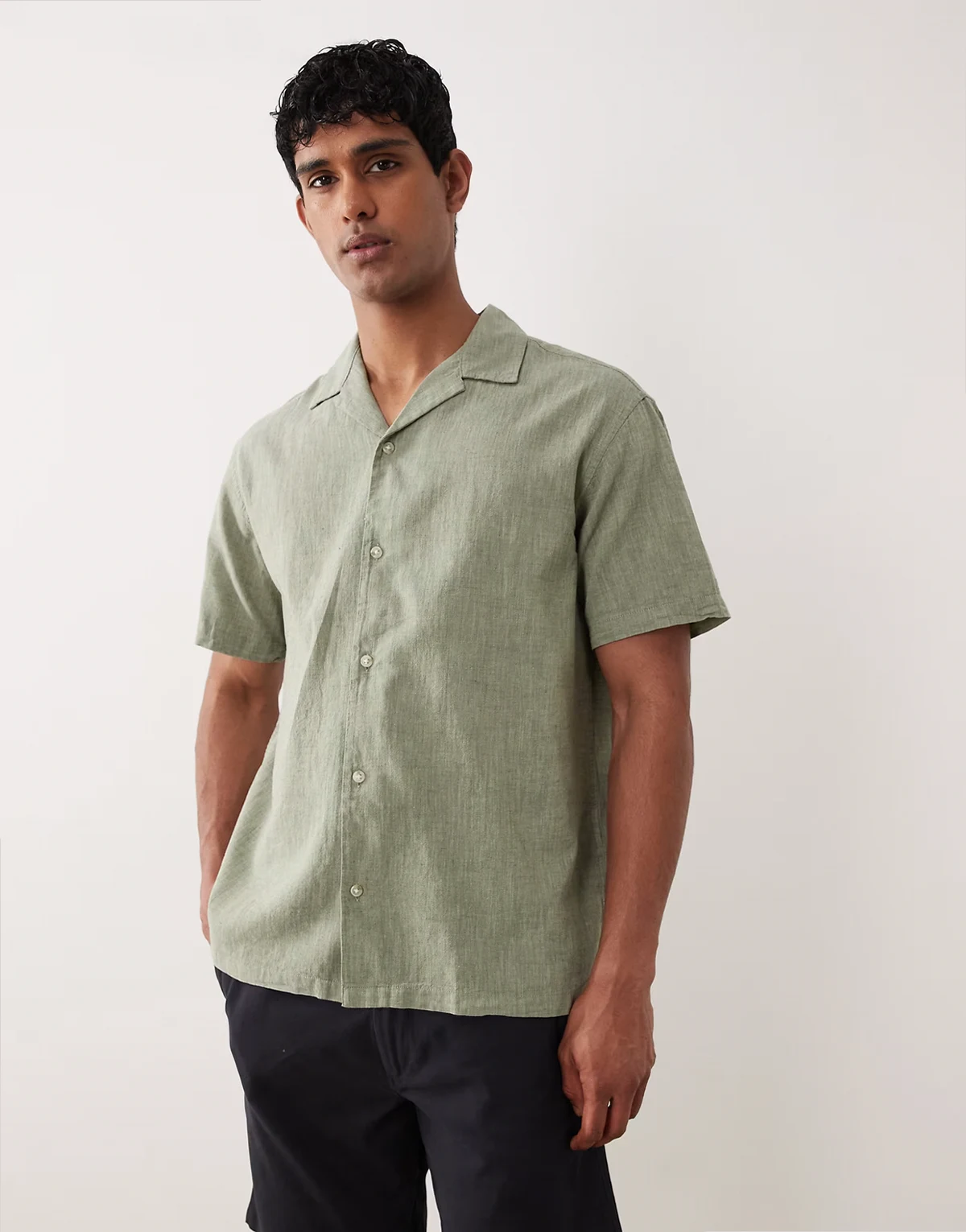 linen mix camp collar shirt in sage green