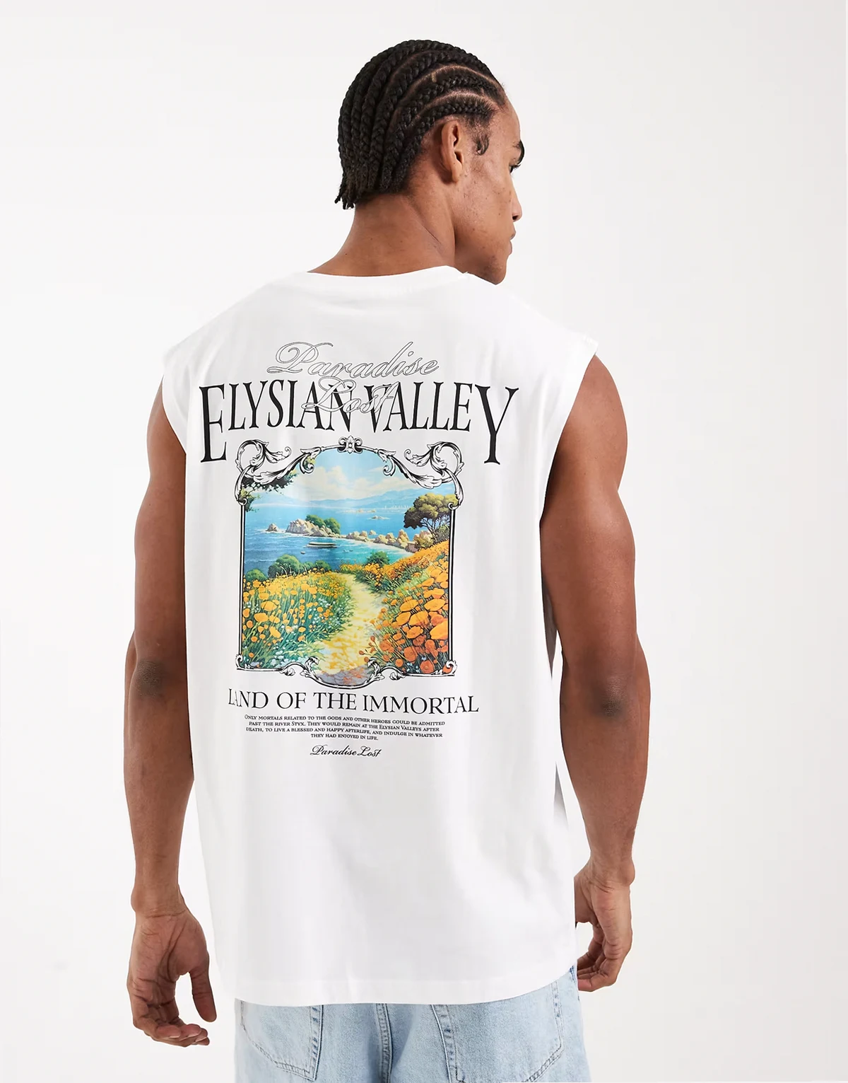 oversize tank with scenic back print in white