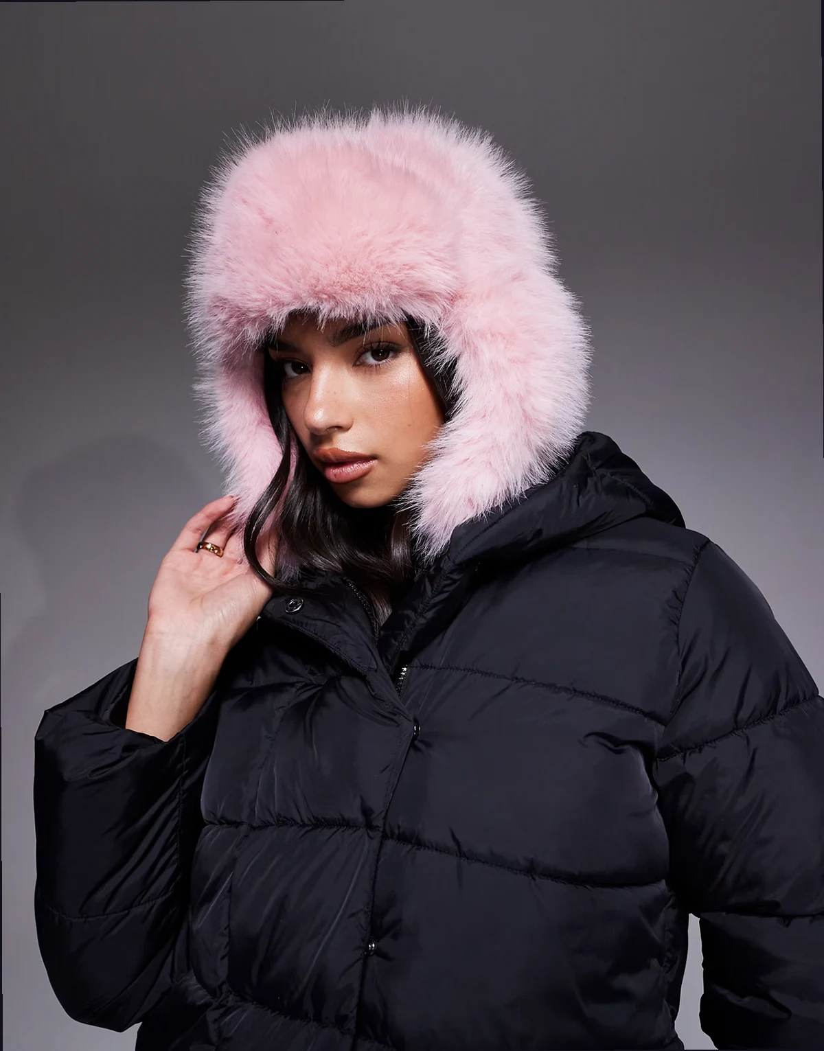 exclusive faux fur trapper hat in baby pink