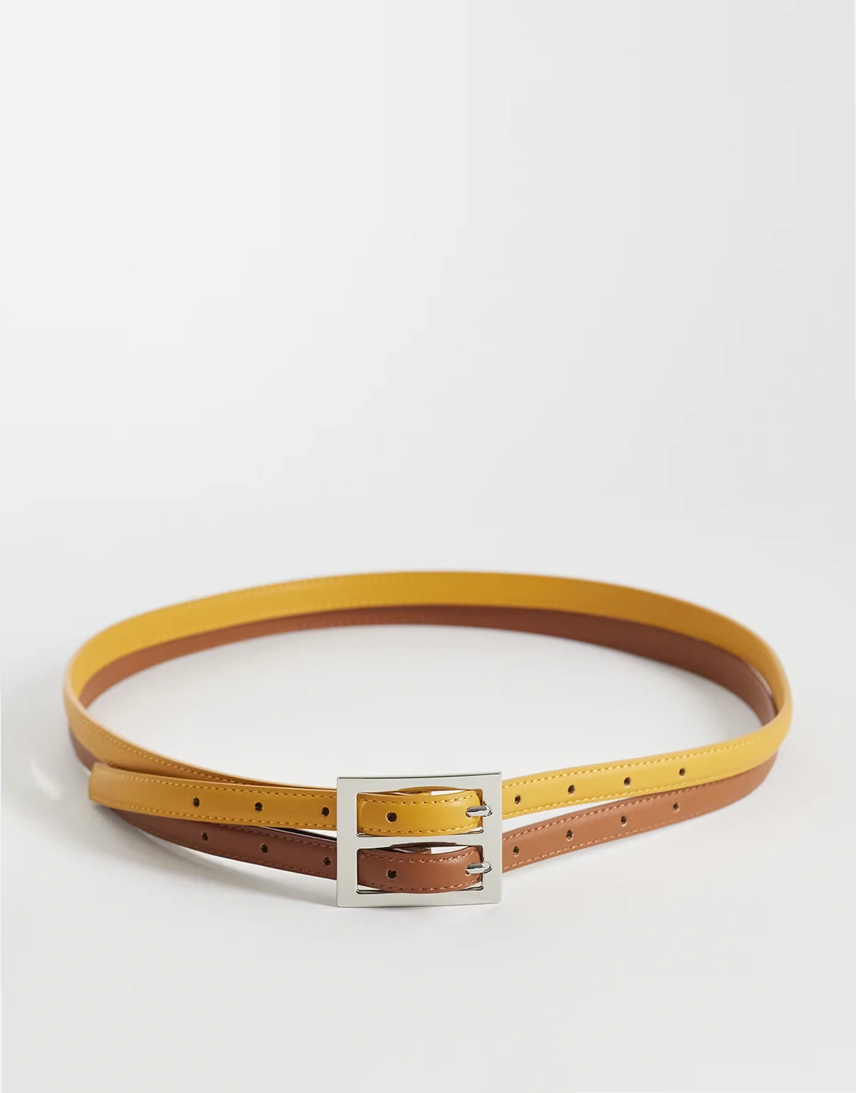 waist and hip double buckle belt in yellow and tan