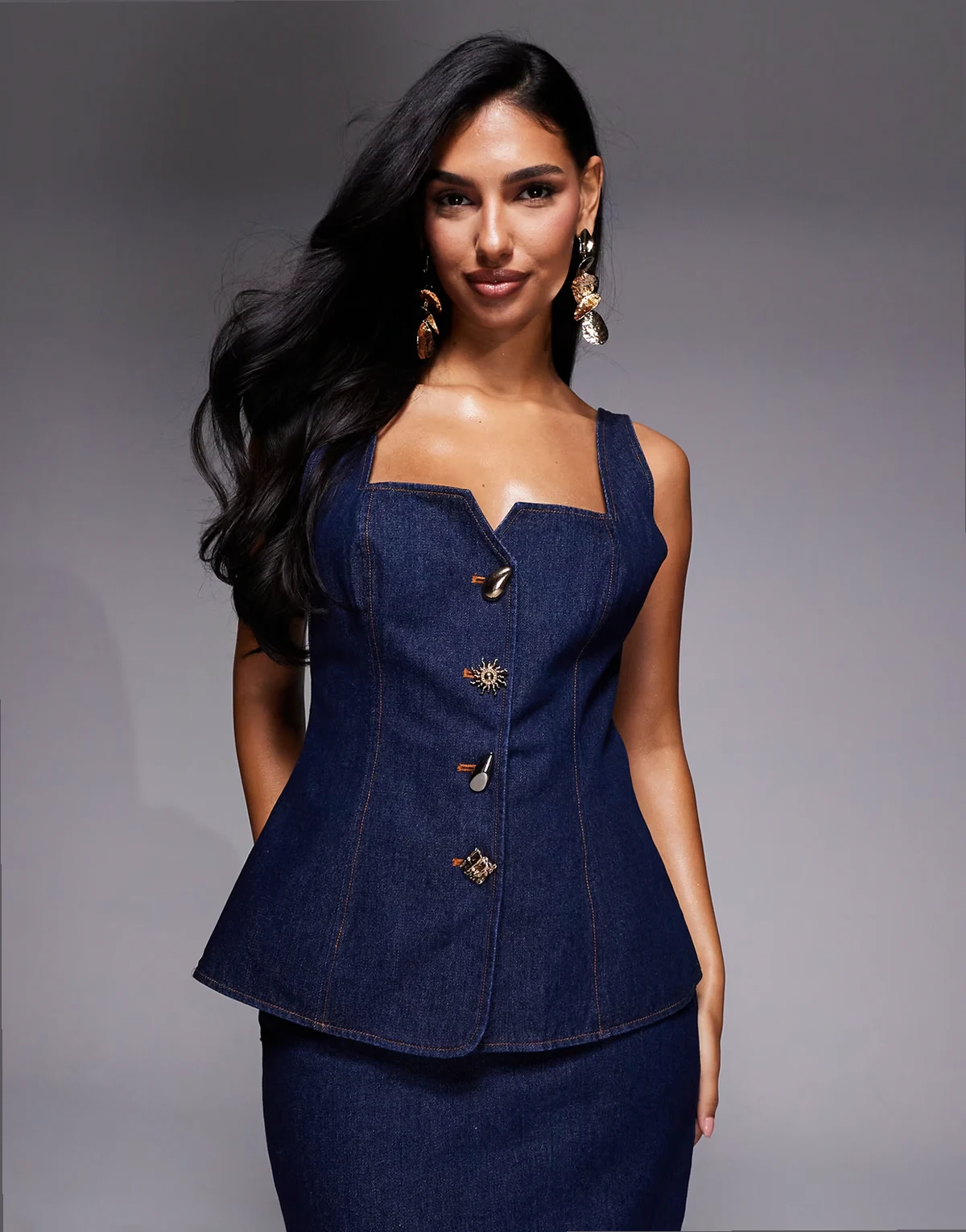 denim vest with gold buttons in indigo - part of a set