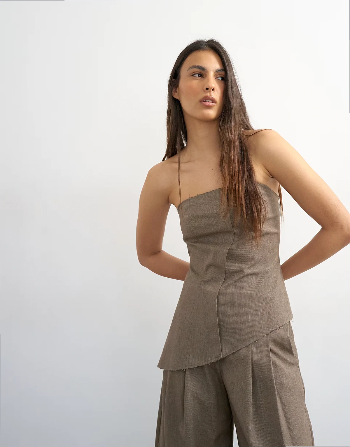 asymmetric raw hem bandeau in brown - part of a set