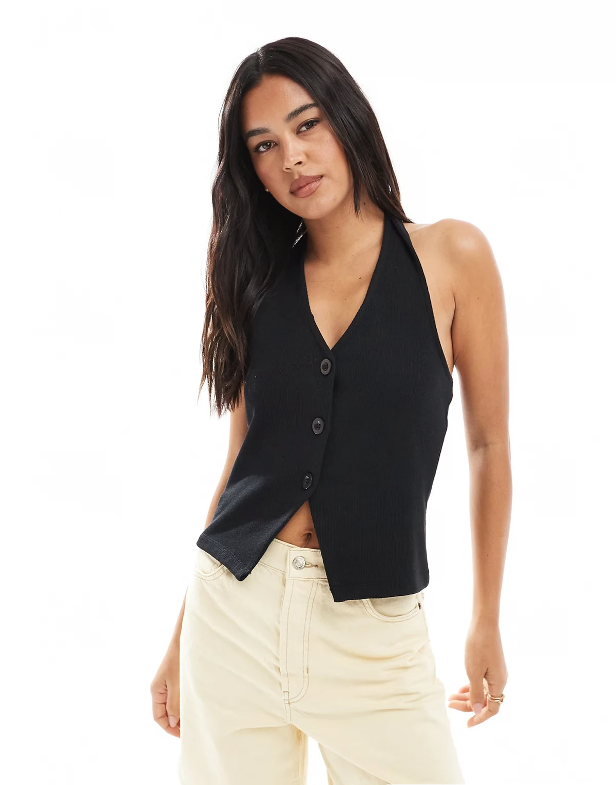 sleeveless soft ribbed vest in black - part of a set