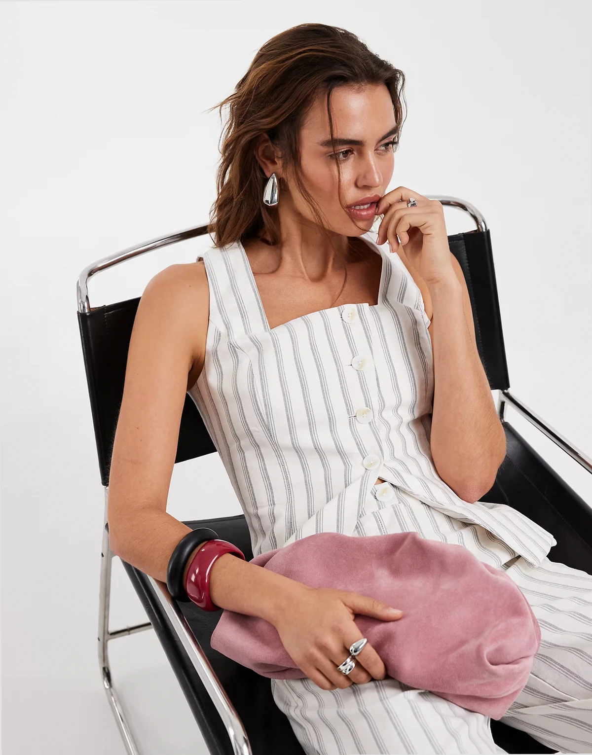 square neck asymmetric placket vest top in cream and blue stripes - part of a set