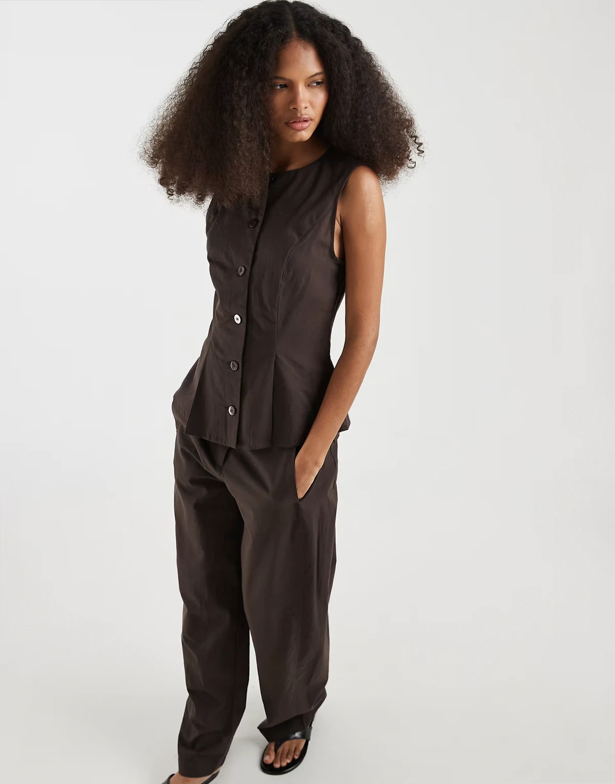 linen blend tailored vest in chocolate - part of a set