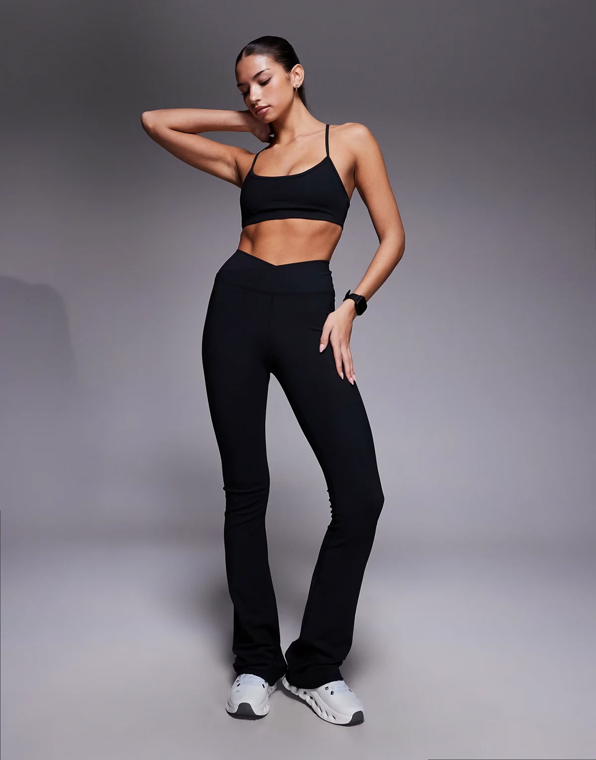 micro rib knit wrap waist slim kick yoga leggings in black