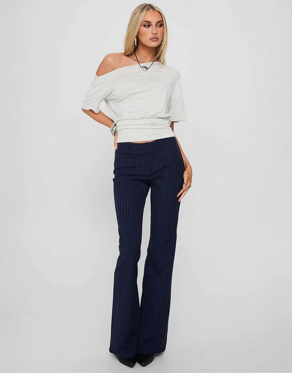 Kinkirk mid rise slim fit button detail flared tailored pants in navy pinstripe