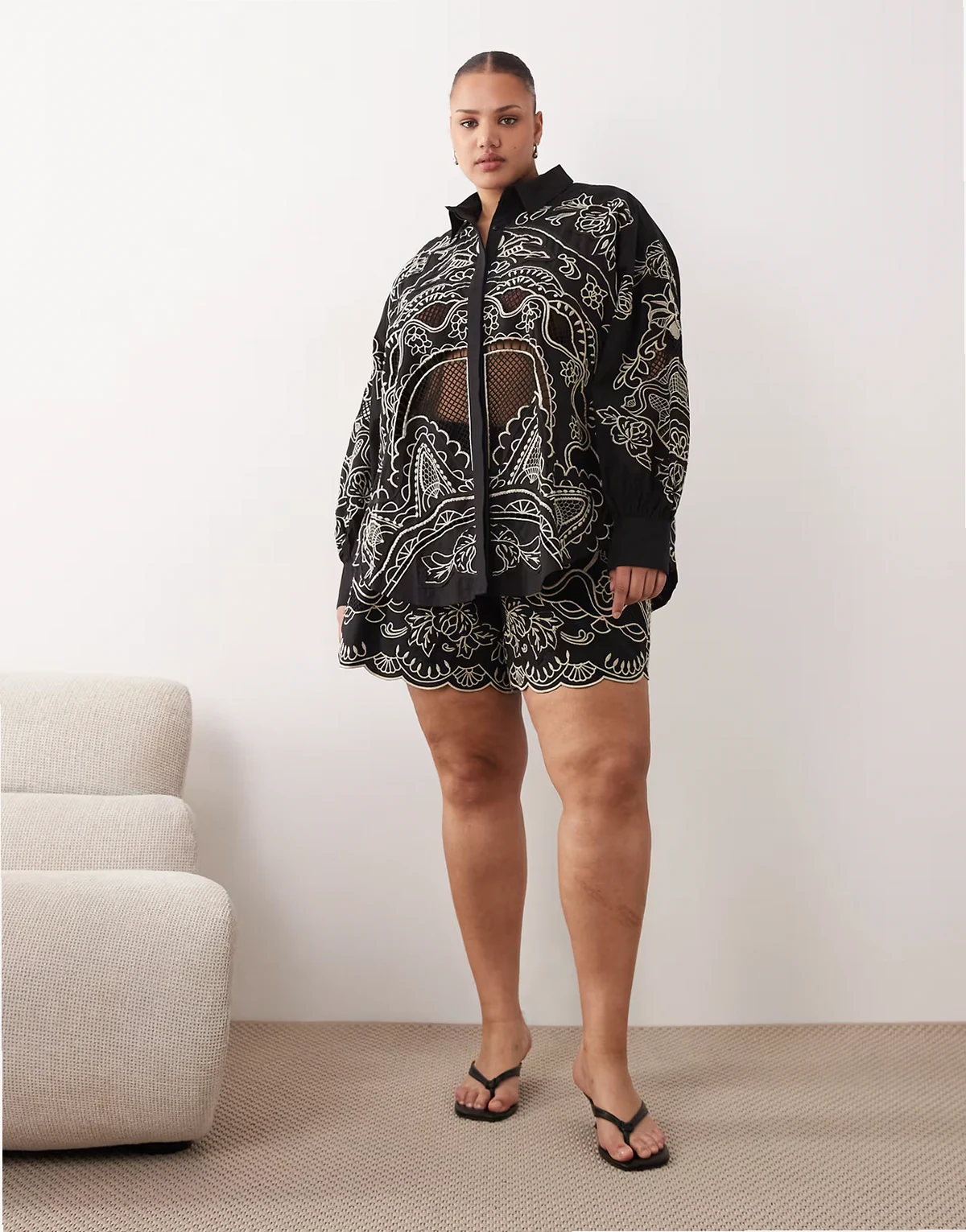 Curve embroidered cutwork cotton shorts in black - part of a set