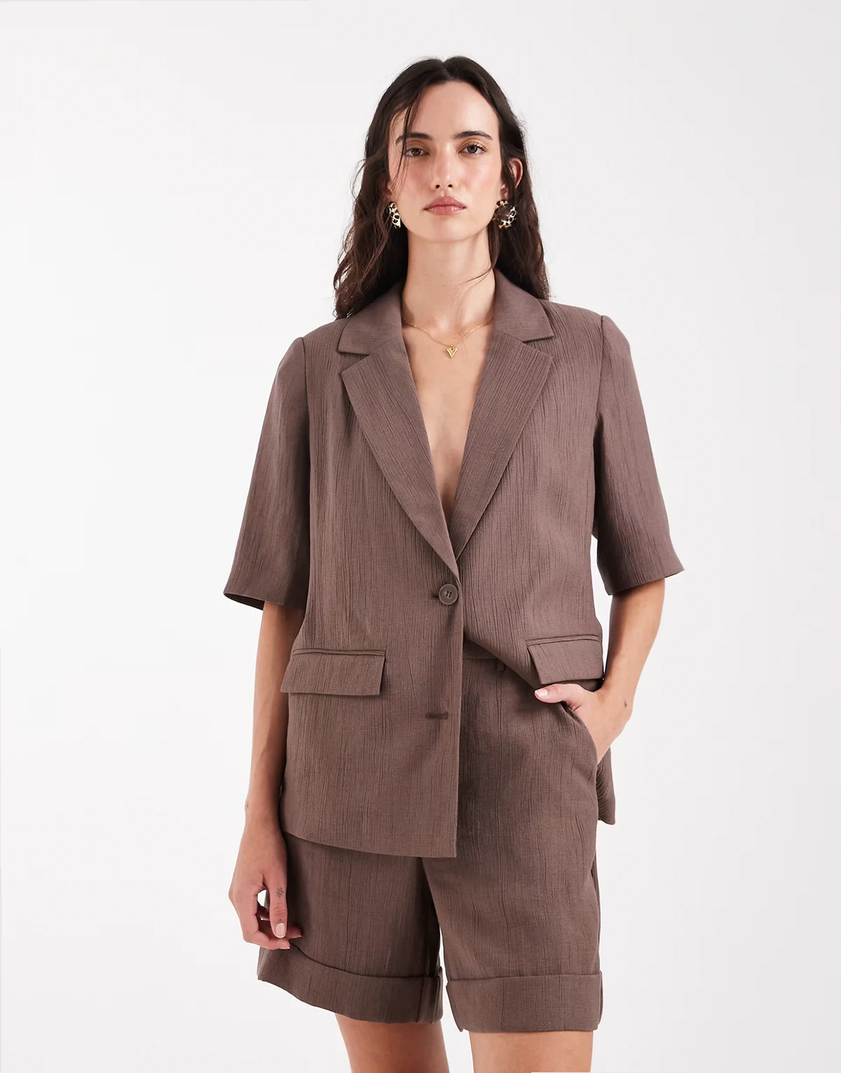 short sleeve tailored linen-look blazer in chocolate brown - part of a set