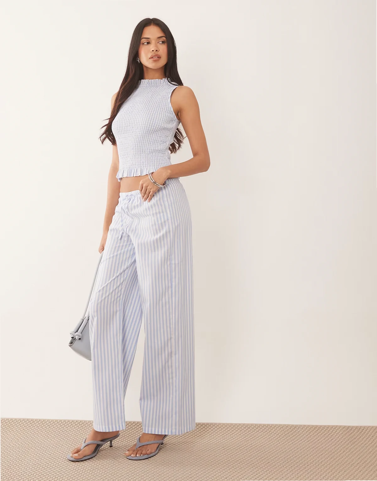 Exclusive cotton wide leg tie waist wide leg pants in blue stripe - part of a set