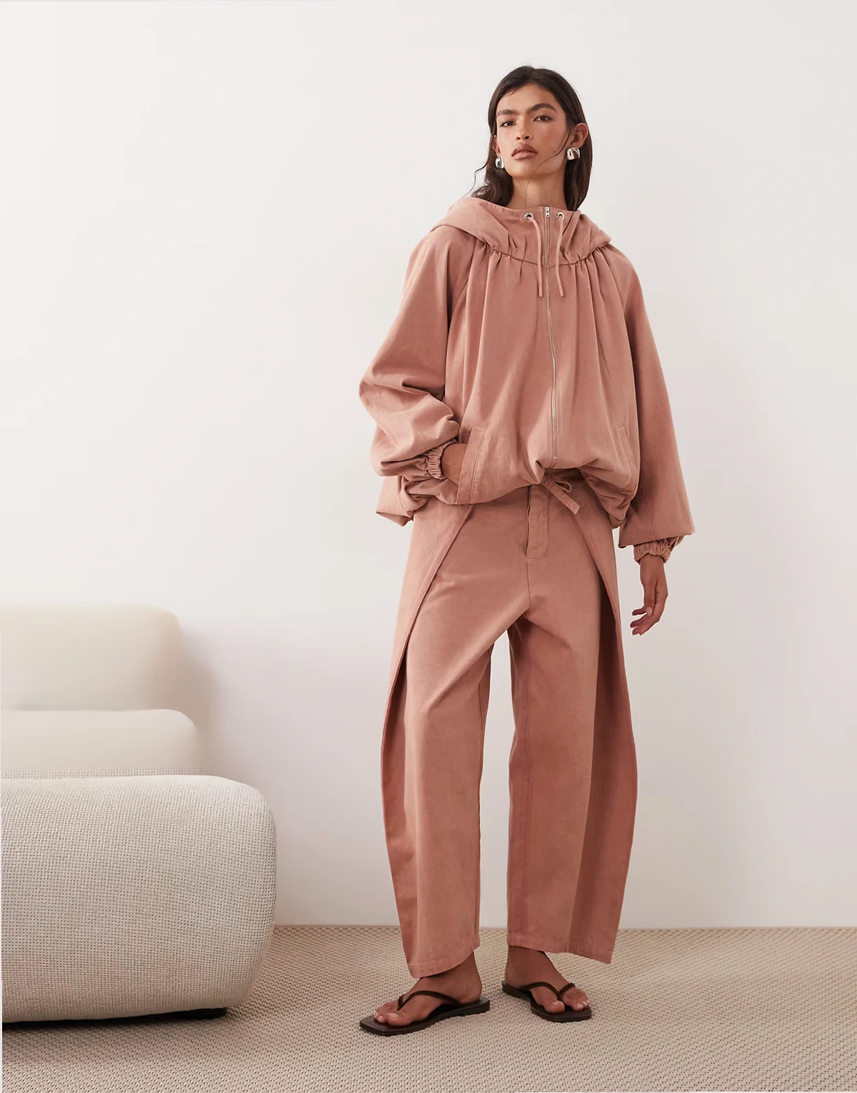 tie front carrot pants in pink acid wash - part of a set