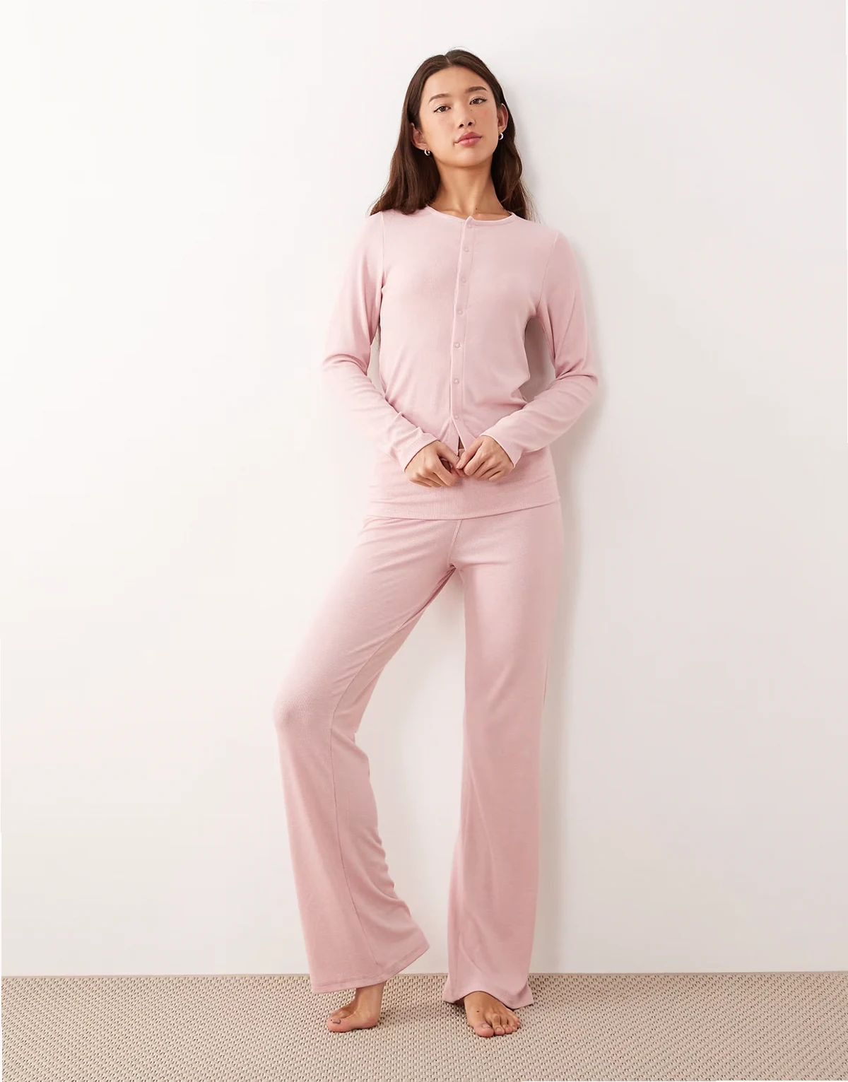 mix & match soft rib knit fold over pajama pants in light pink