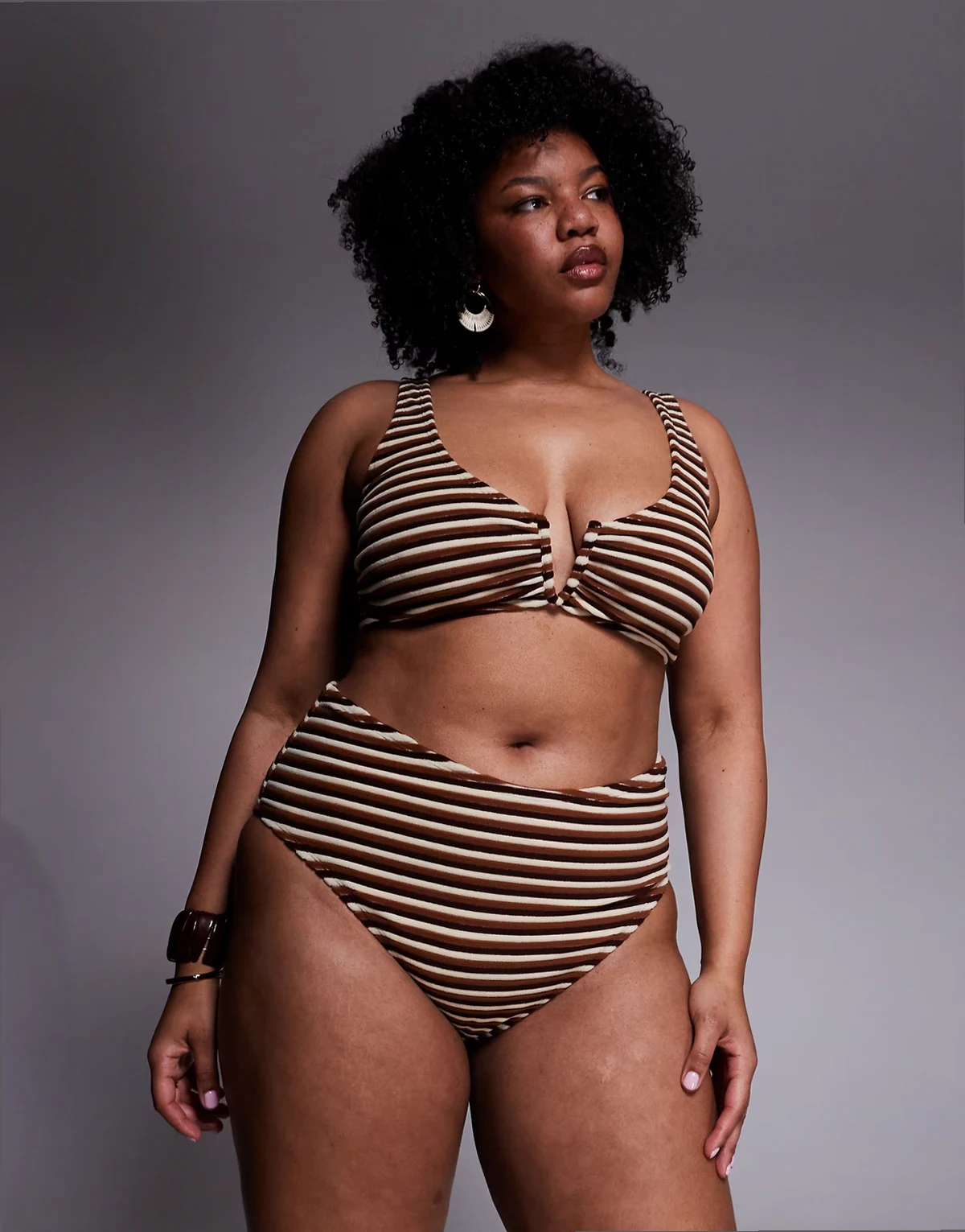 ASOS DESIGN Curve Tori terrycloth striped bikini briefs in caramel
