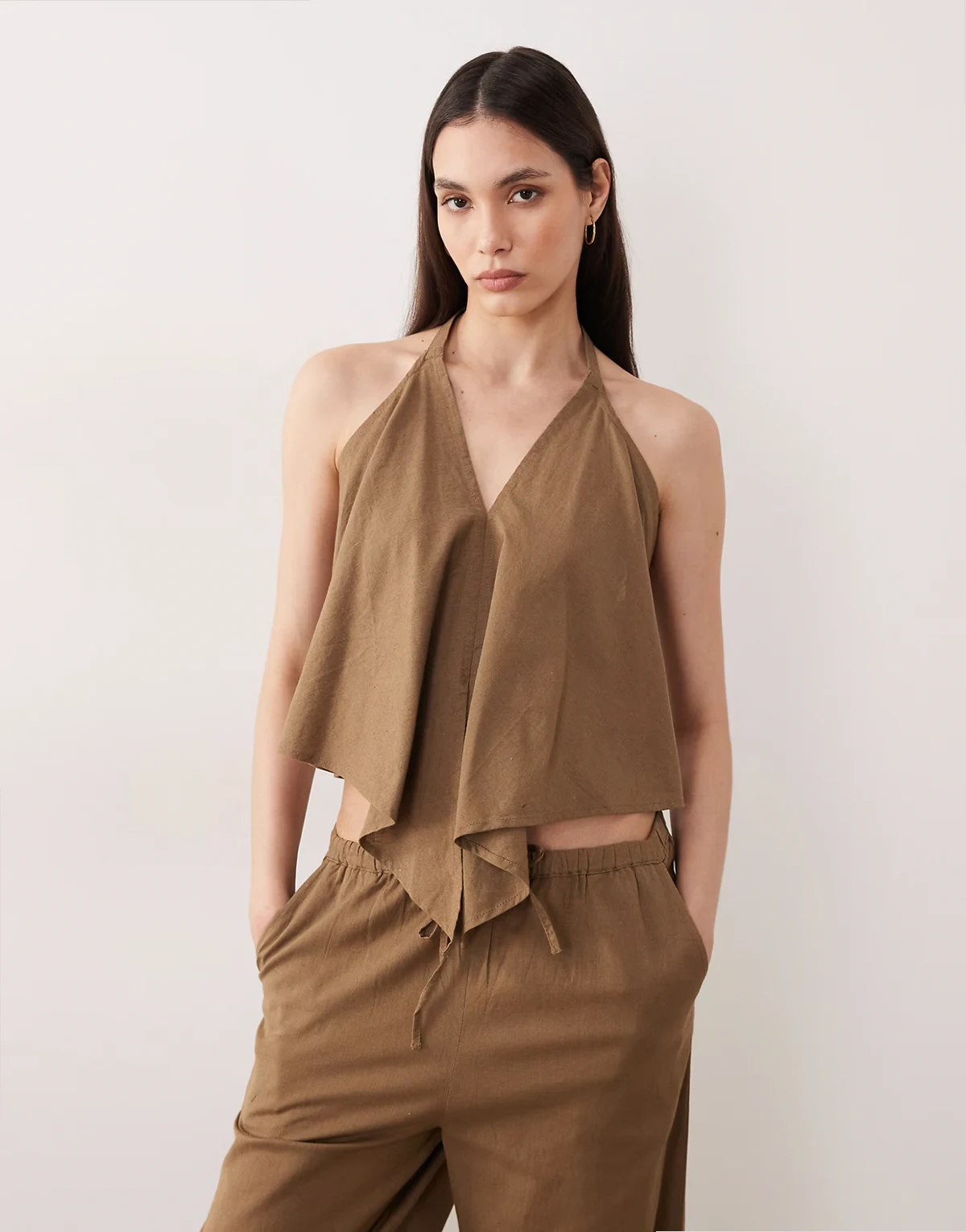 halter beach crop top in khaki brown - part of a set