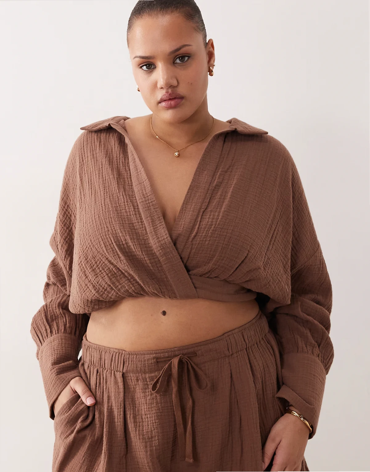 ASOS DESIGN Curve Callie cheesecloth beach wrap front shirt in mocha - part of a set