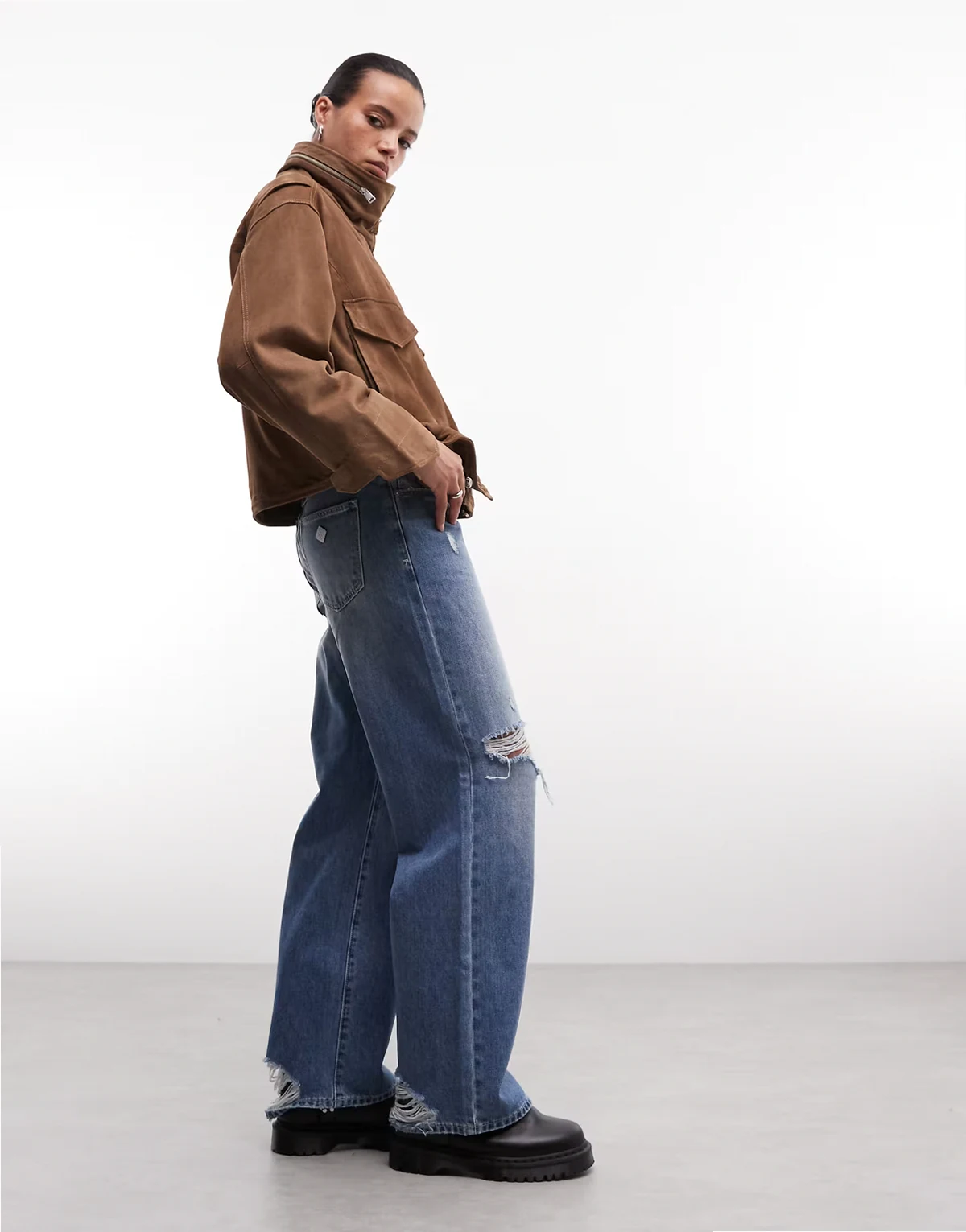 Clay funnel neck cropped suede jacket in walnut brown