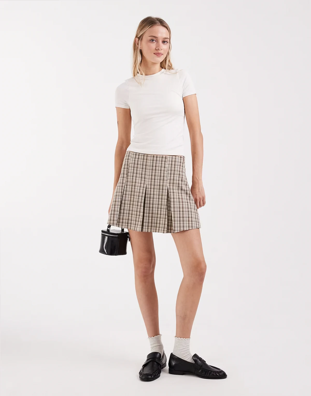 box pleats tailored mini skirt in brown micro plaid