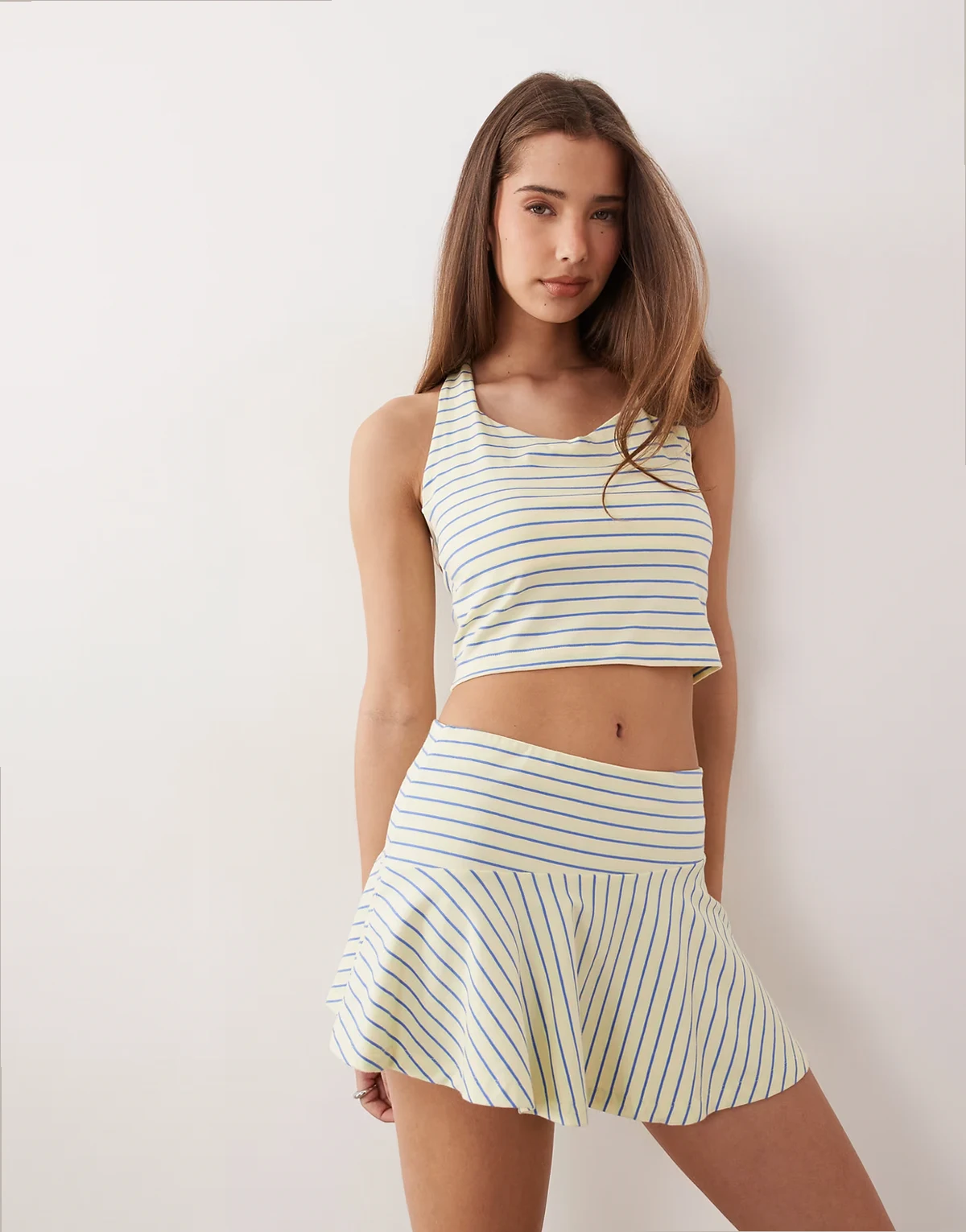 exclusive jersey frill mini skirt in yellow & blue stripes - part of a set