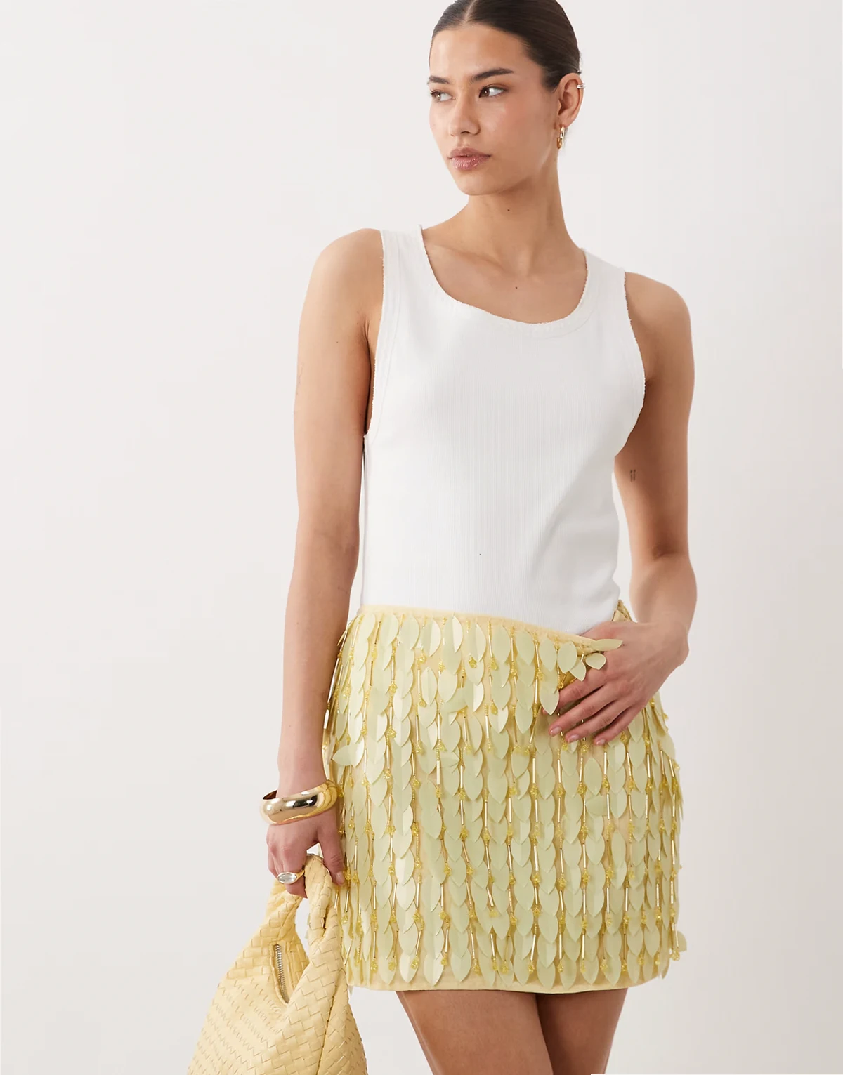 leaf embellished mini skirt in yellow - part of a set