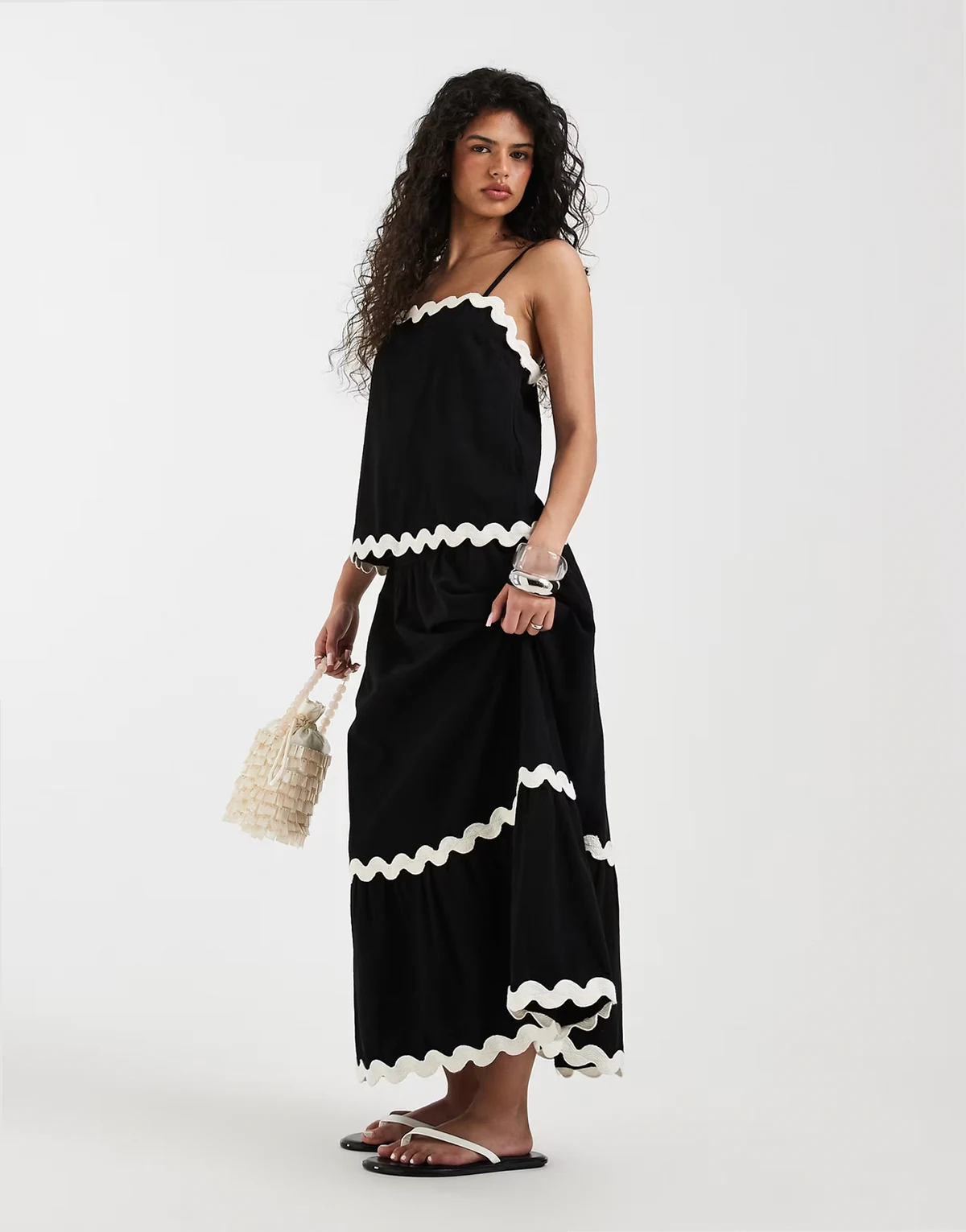 full tiered maxi skirt with contrast scallop trim in black - part of a set