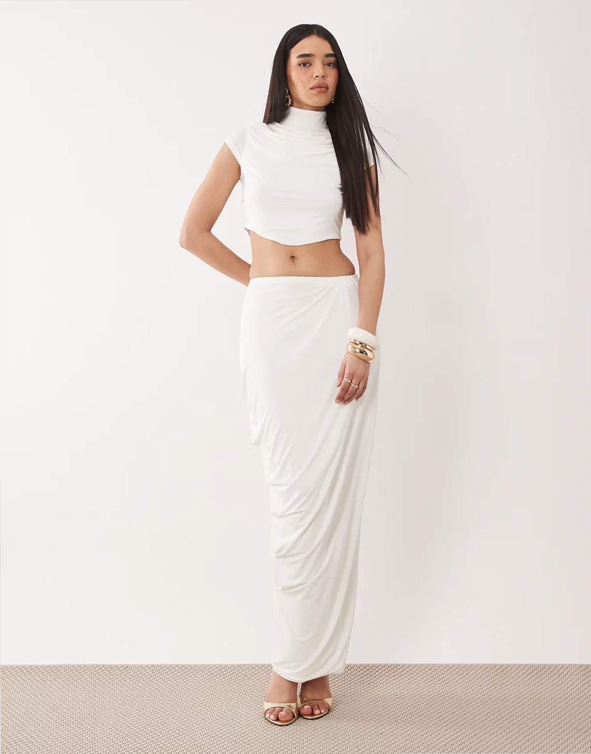 sculpting jersey draped maxi skirt in white - part of a set