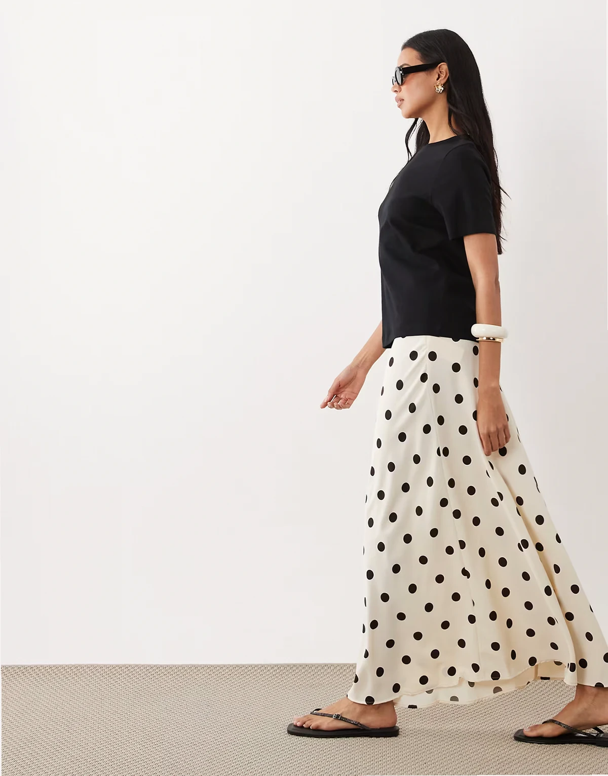a-line satin maxi skirt in cream polka dots