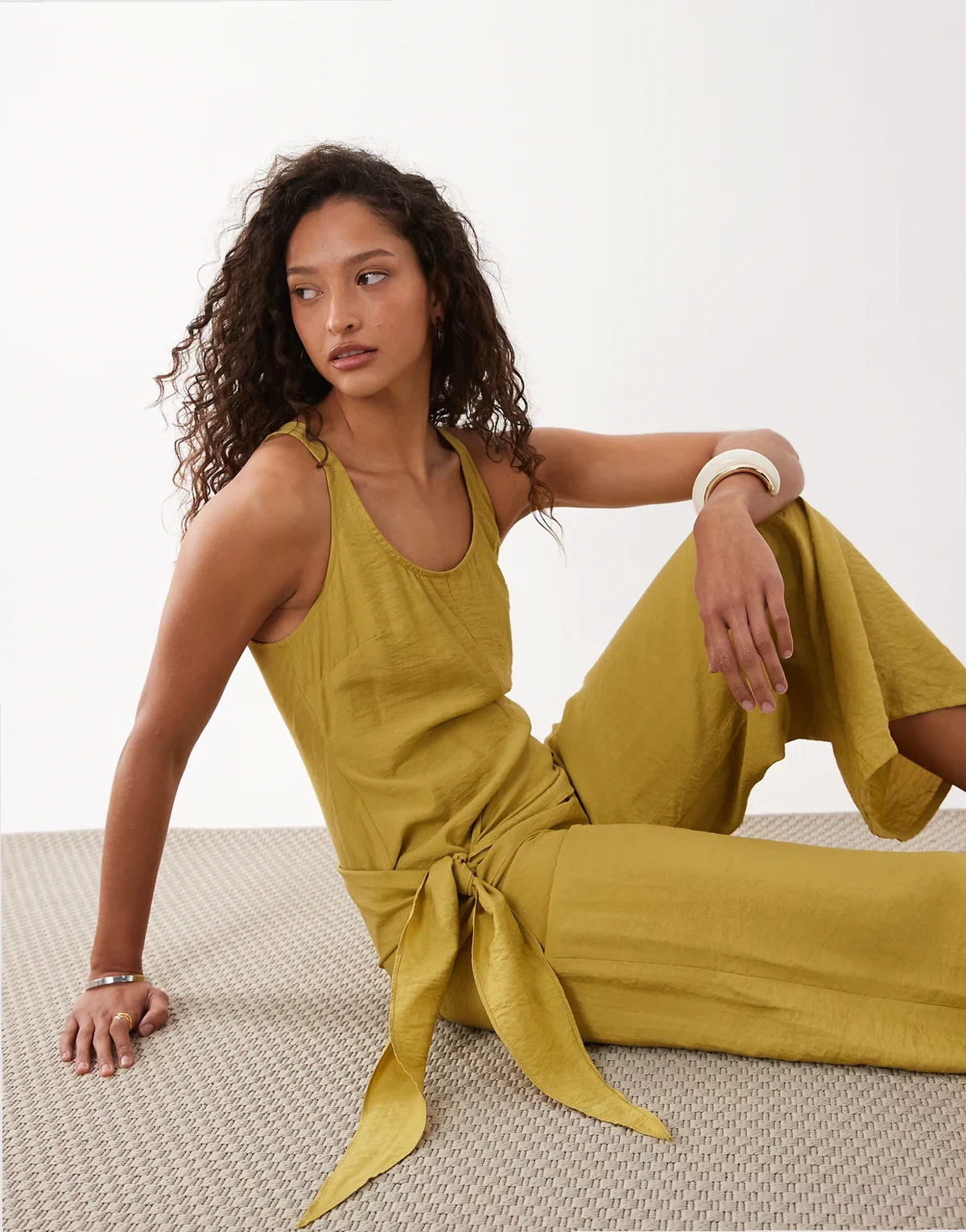 satin crinkle jumpsuit with scarf waist detail in chartreuse