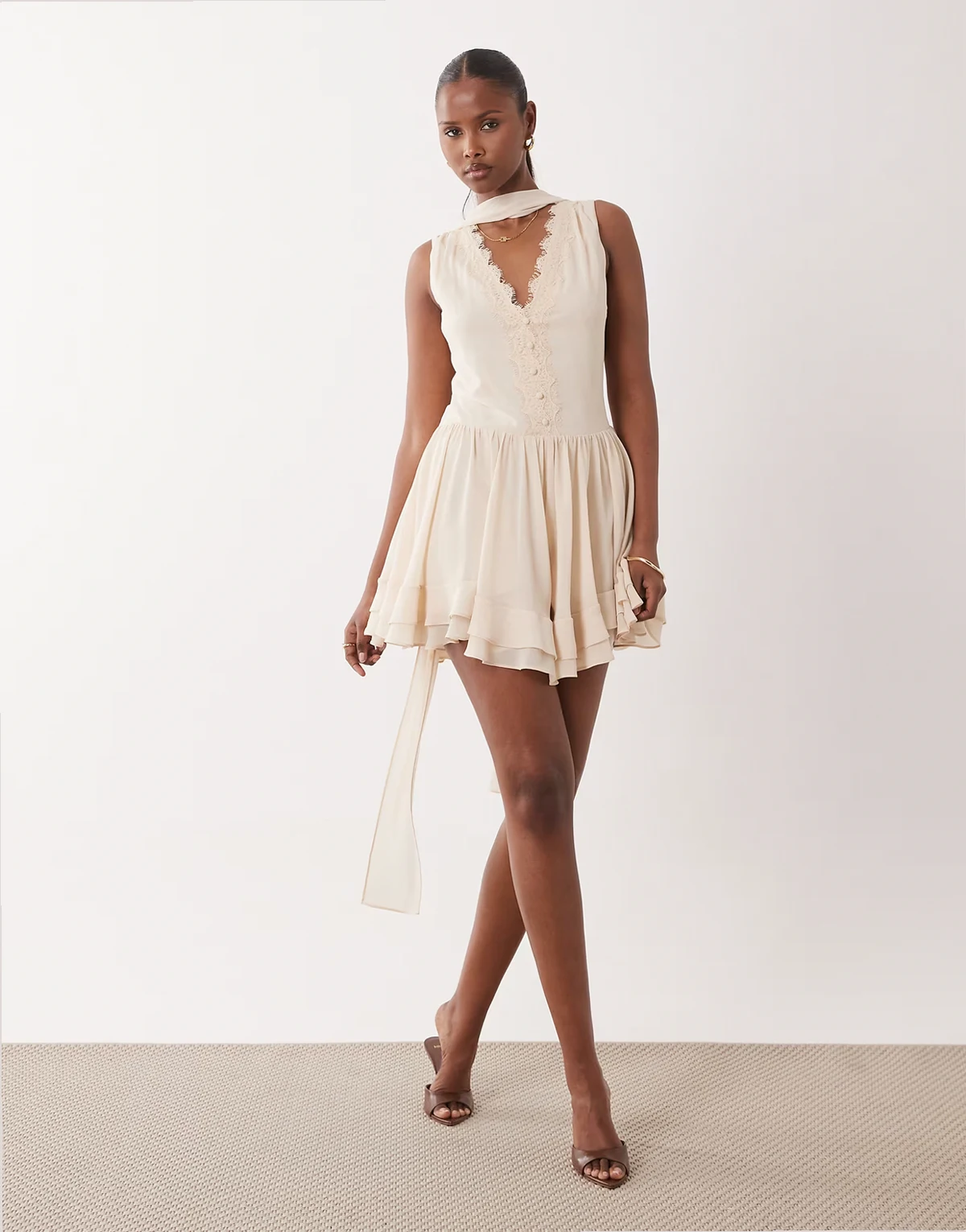 chiffon v neck lace detail scarf romper in cream