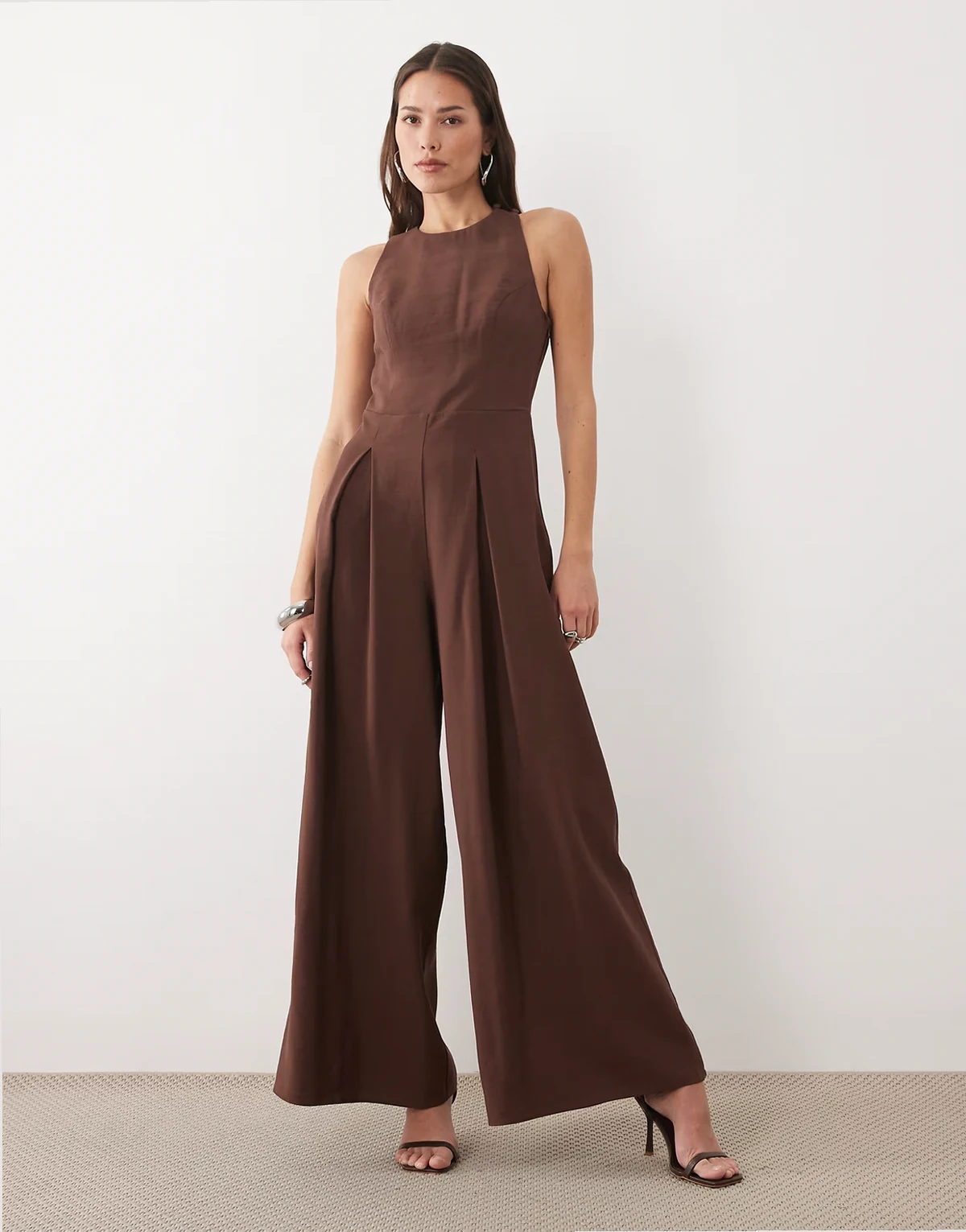 Reign linen blend sleeveless pleated detailing jumpsuit in brown