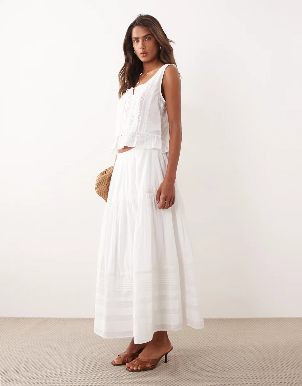 boho tiered midaxi skirt in white