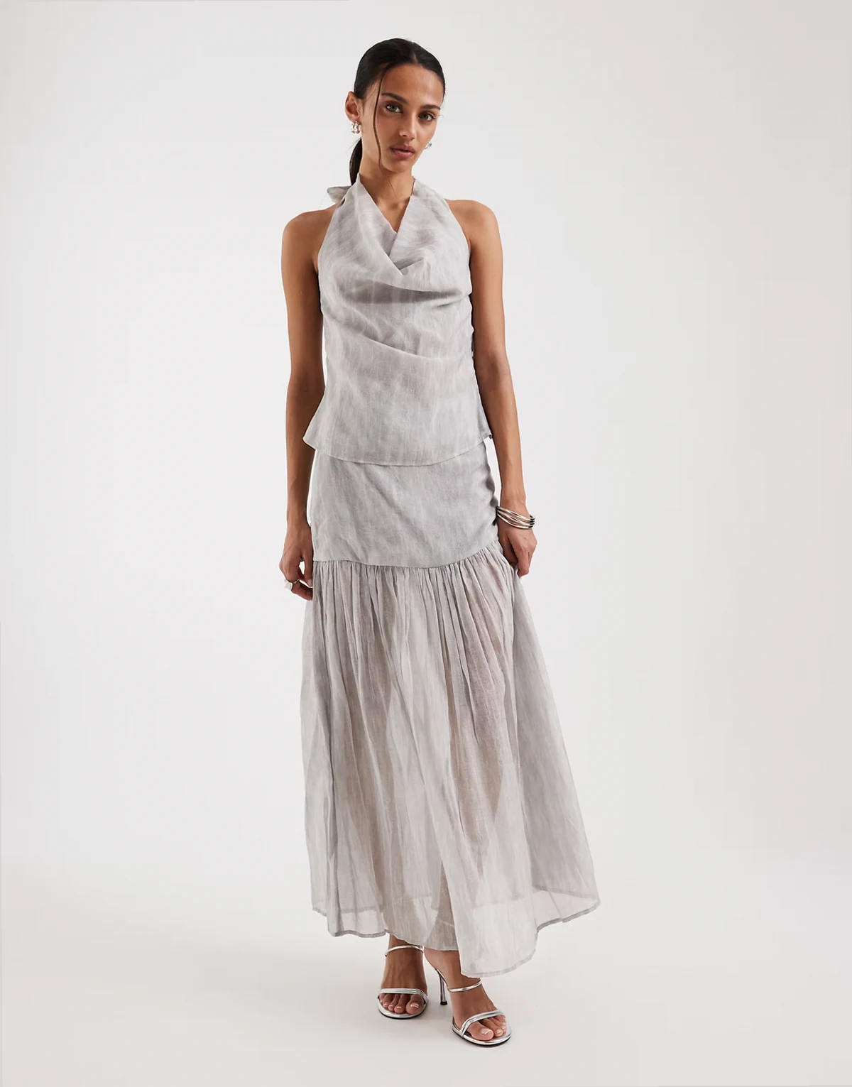 chiffon dropped waist pleated maxi skirt in blue print - part of a set