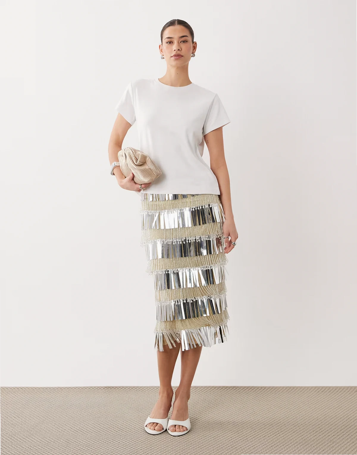 fringe embellished midi skirt in silver