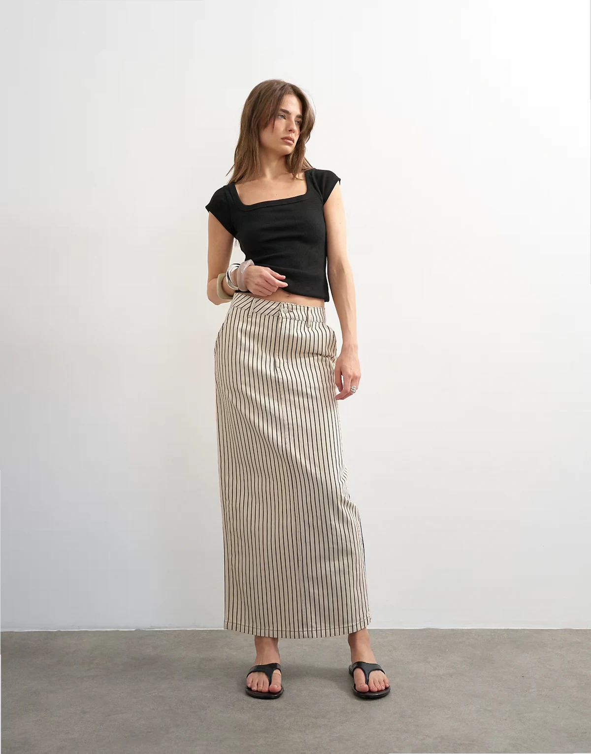 denim column maxi skirt in black and ecru stripes