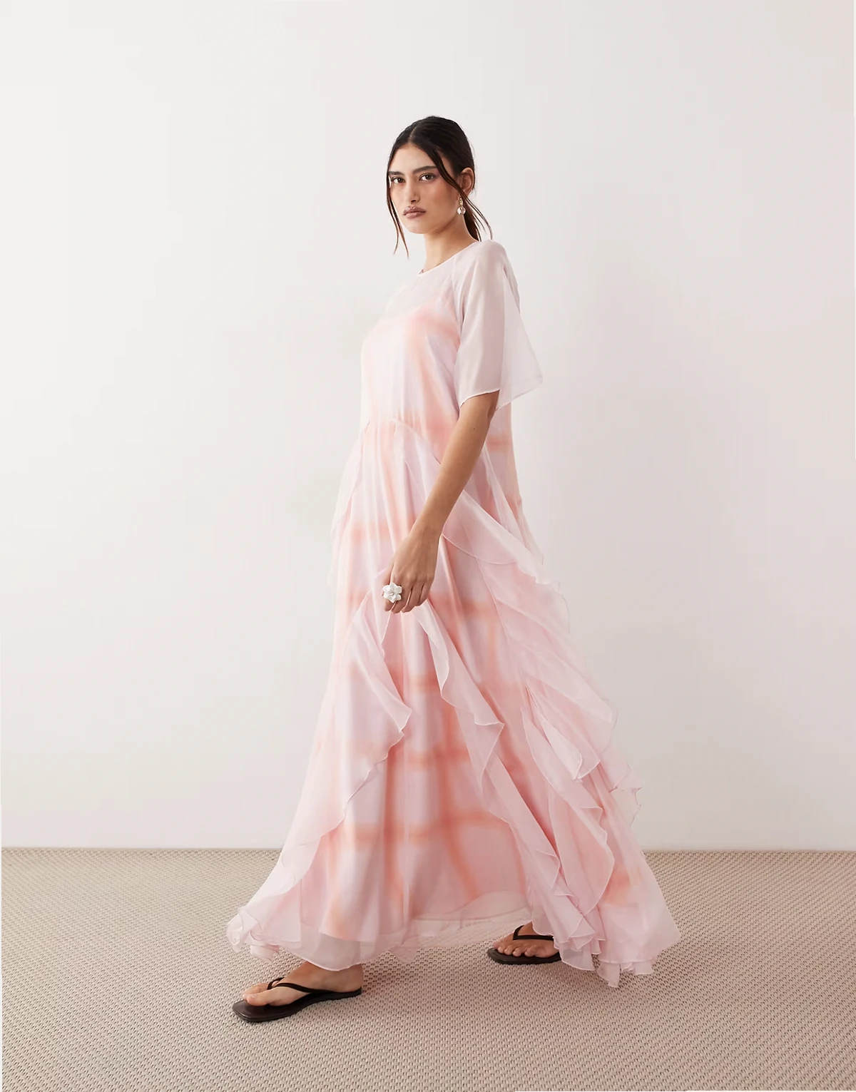 layered ruffle down tiered maxi dress in light pink